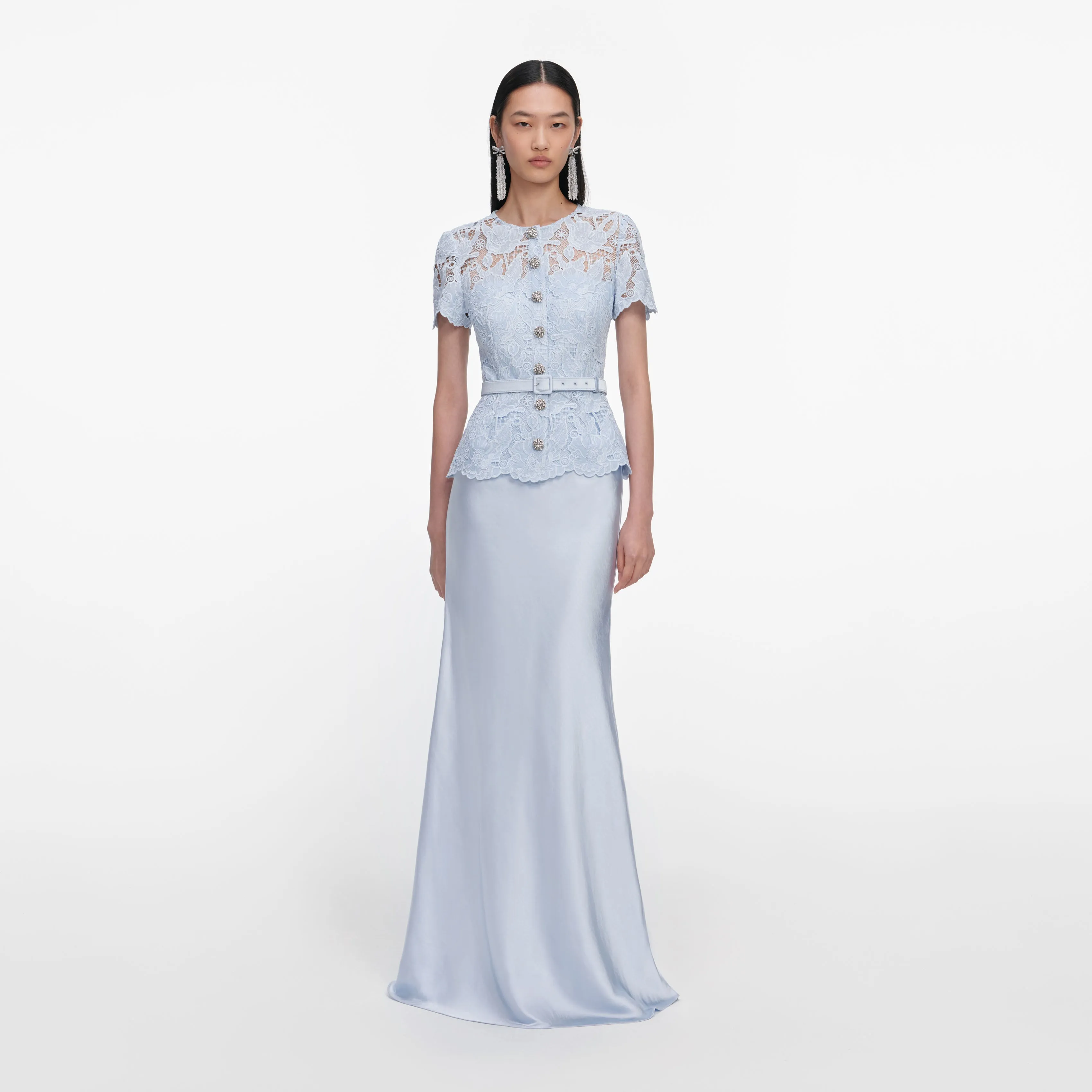 Blue Lace Satin Maxi Dress sold by Self-Portrait