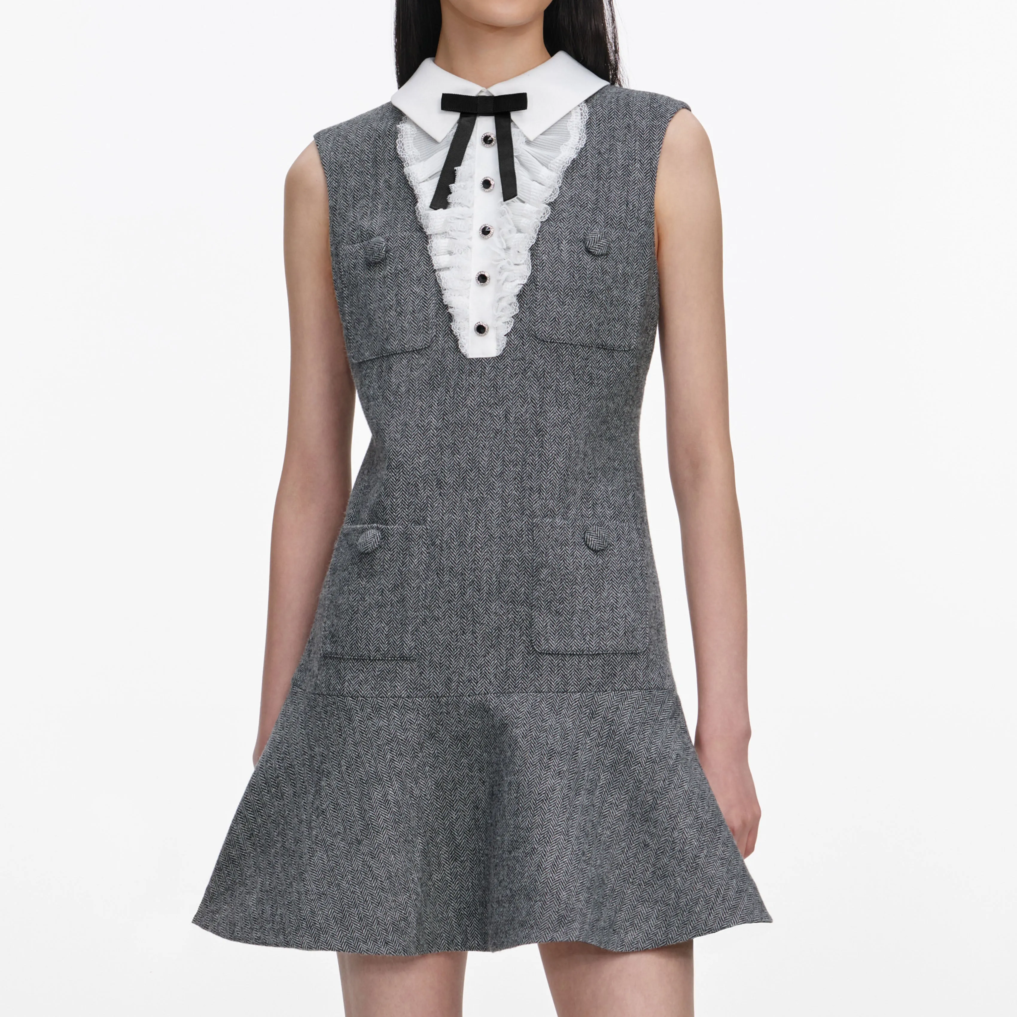 Grey Herringbone Lace Bib Mini Dress sold by Self-Portrait product image thumbnail 4