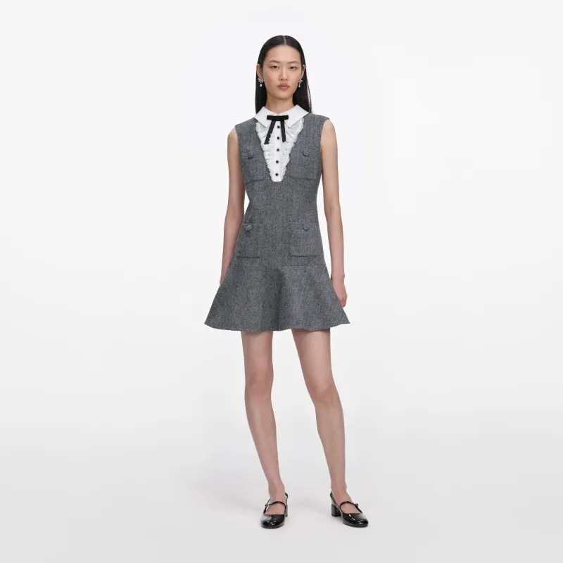 Grey Herringbone Lace Bib Mini Dress made by Self-Portrait