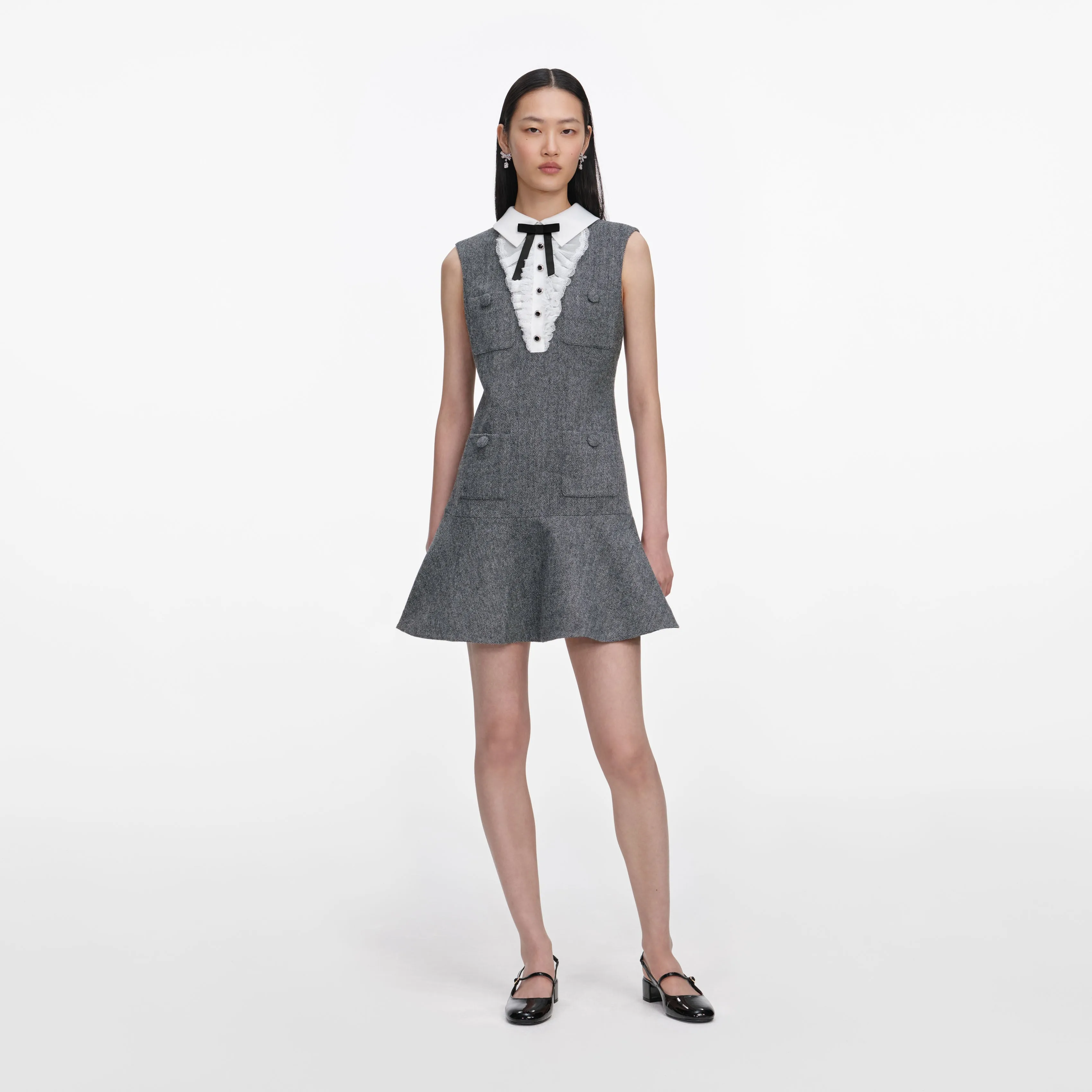 Grey Herringbone Lace Bib Mini Dress sold by Self-Portrait