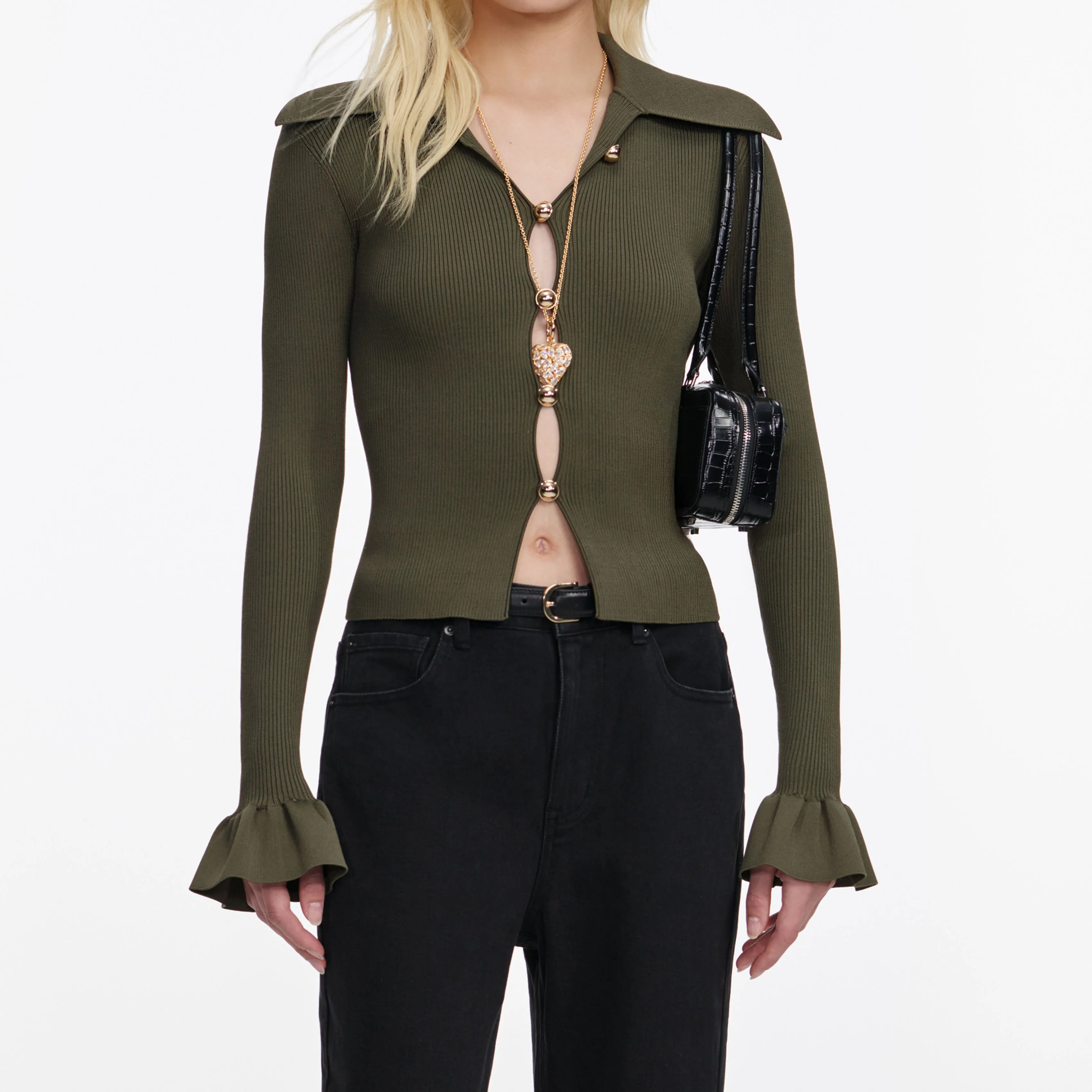 Khaki Button Down Knit Top sold by Self-Portrait product image thumbnail 4