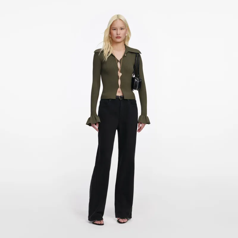 Khaki Button Down Knit Top made by Self-Portrait