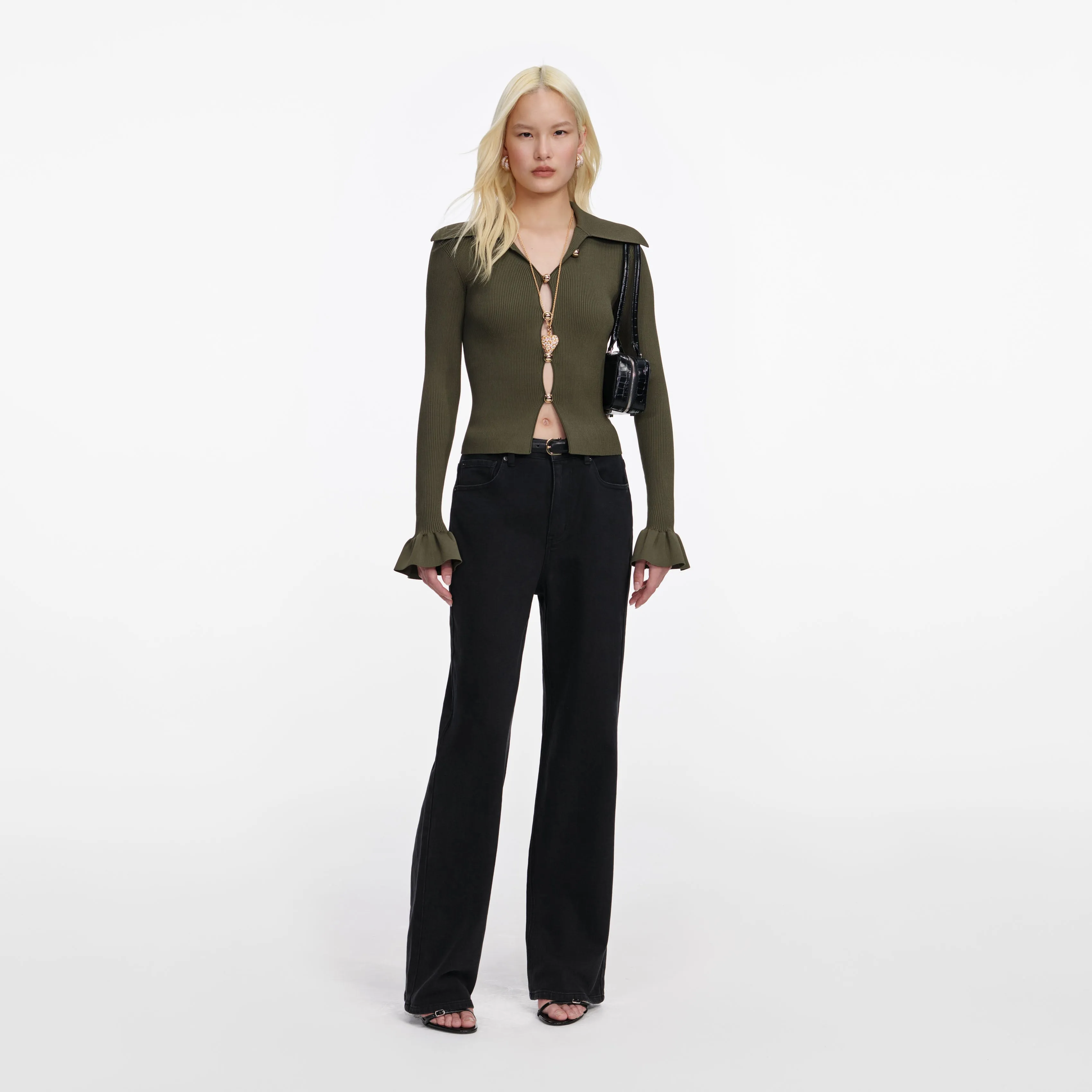 Khaki Button Down Knit Top sold by Self-Portrait