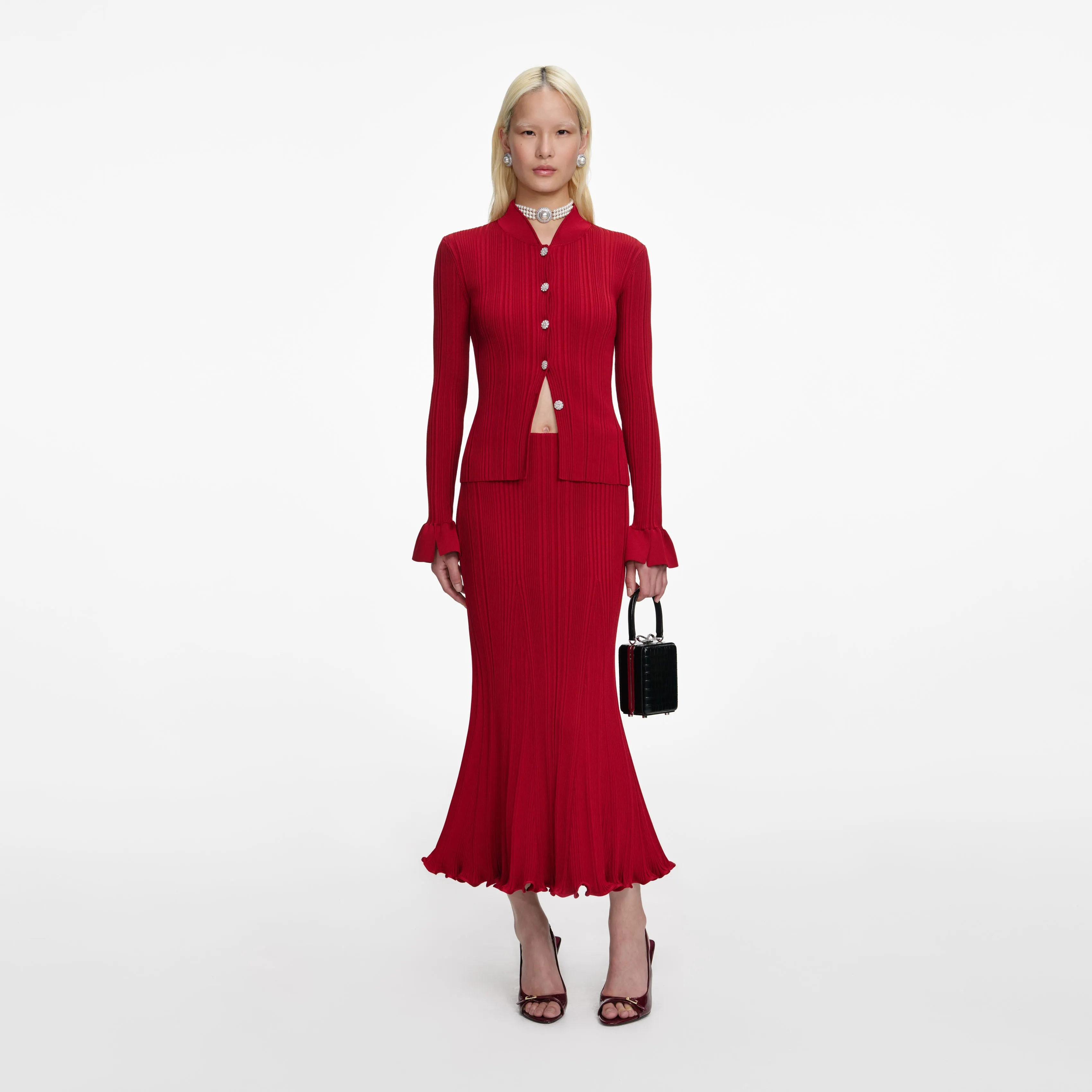 Red Viscose Knit Midi Skirt sold by Self-Portrait