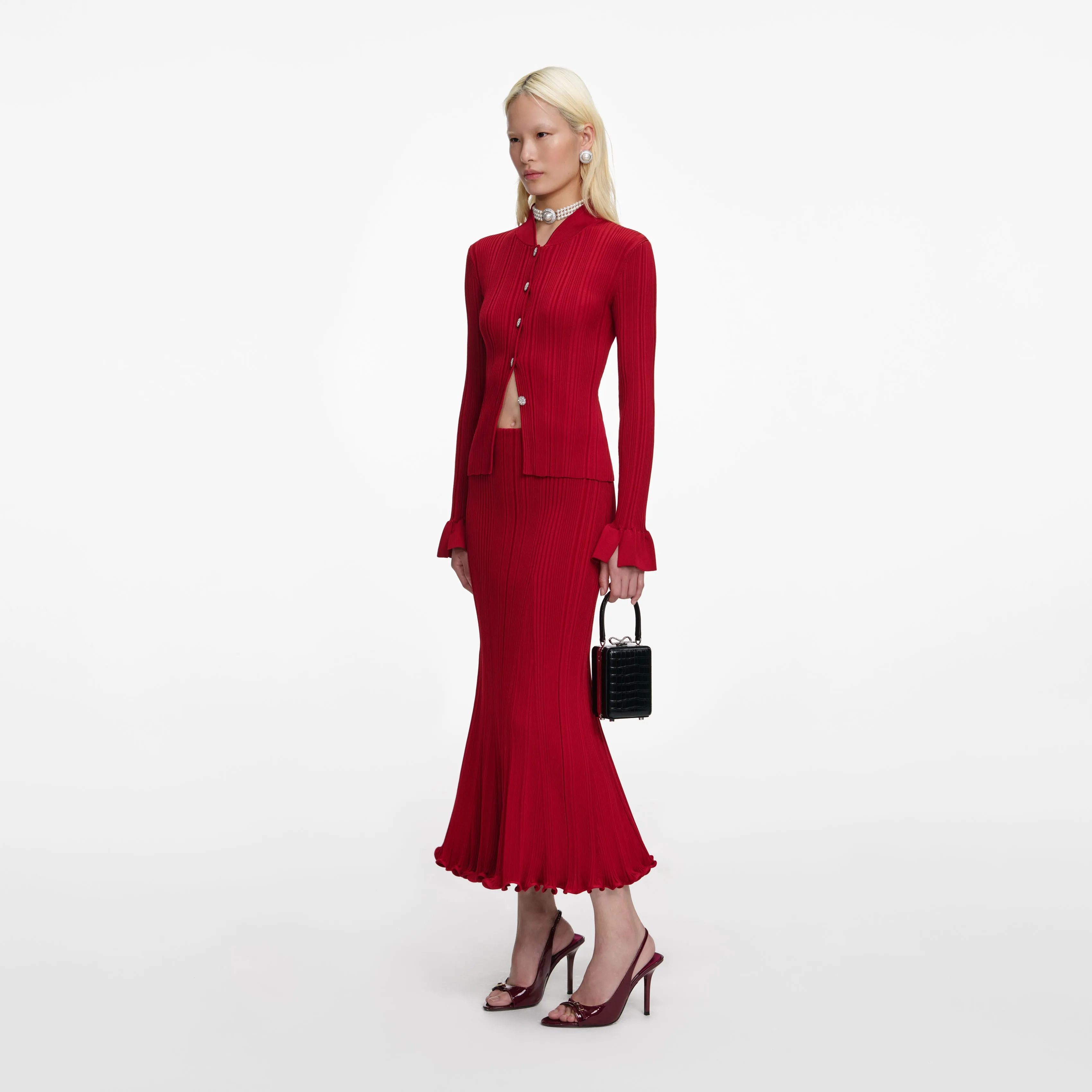 Red Viscose Knit Midi Skirt sold by Self-Portrait product image thumbnail 2