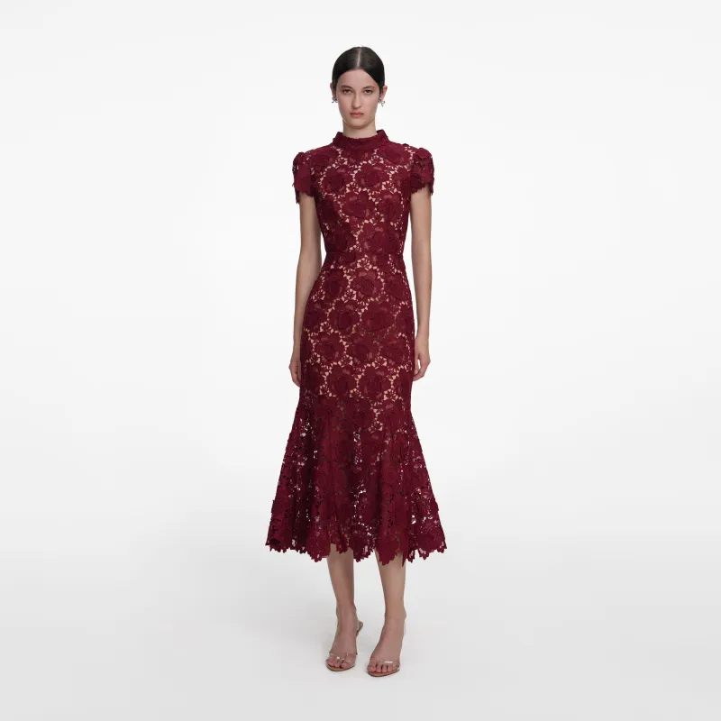 Burgundy Flower Lace Midi Dress made by Self-Portrait