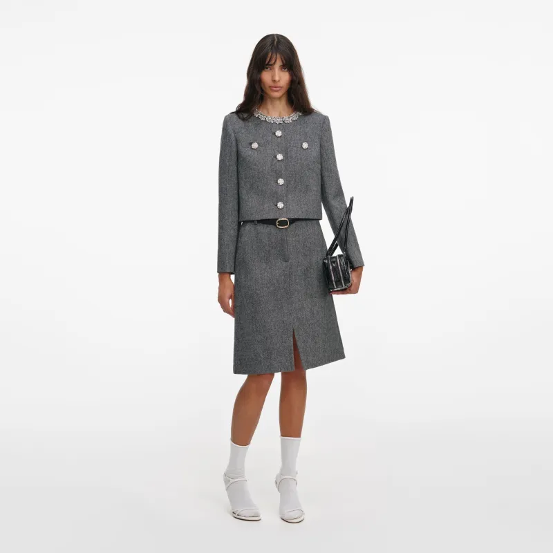 Grey Herringbone Crystal Trim Jacket made by Self-Portrait