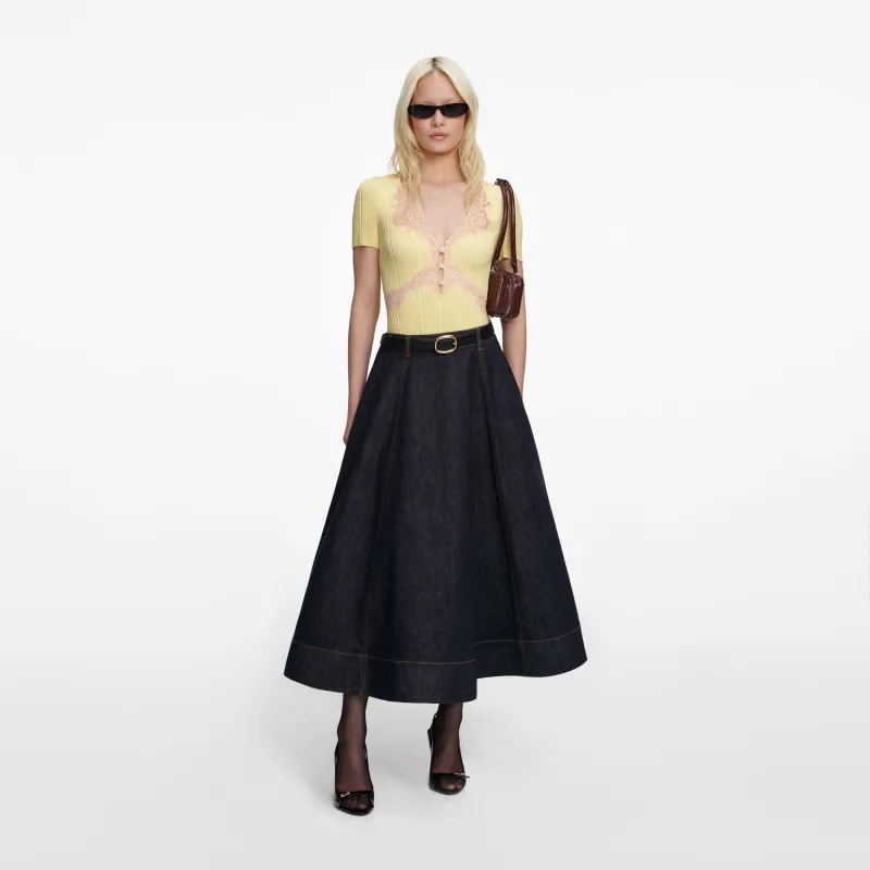 Indigo Denim Flared Midi Skirt made by Self-Portrait