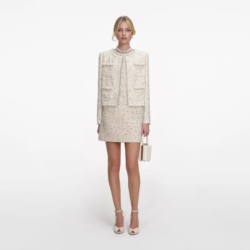 Cream Embellished Boucle Jacket made by Self-Portrait