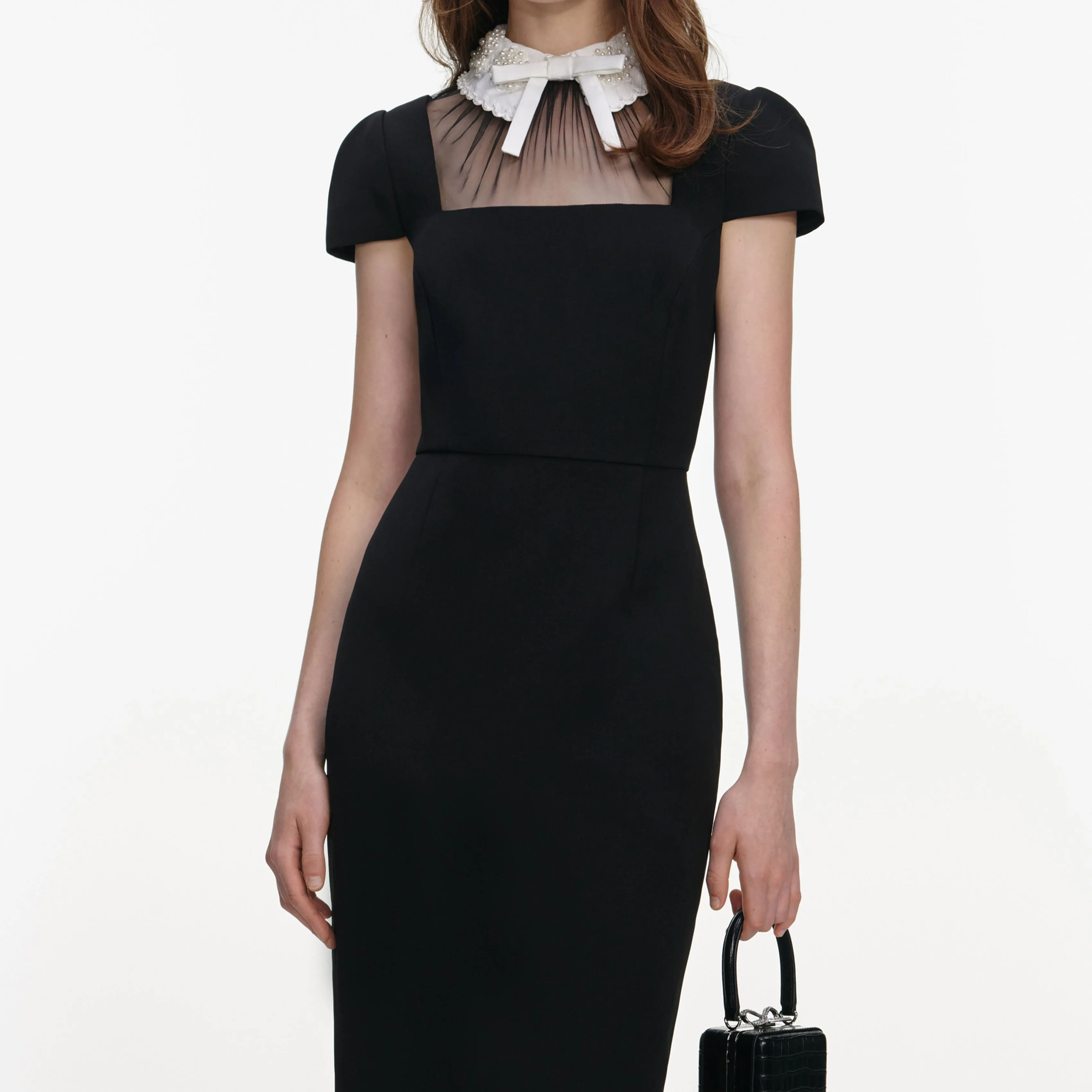 Black Crepe Bow Collar Midi Dress sold by Self-Portrait product image thumbnail 4