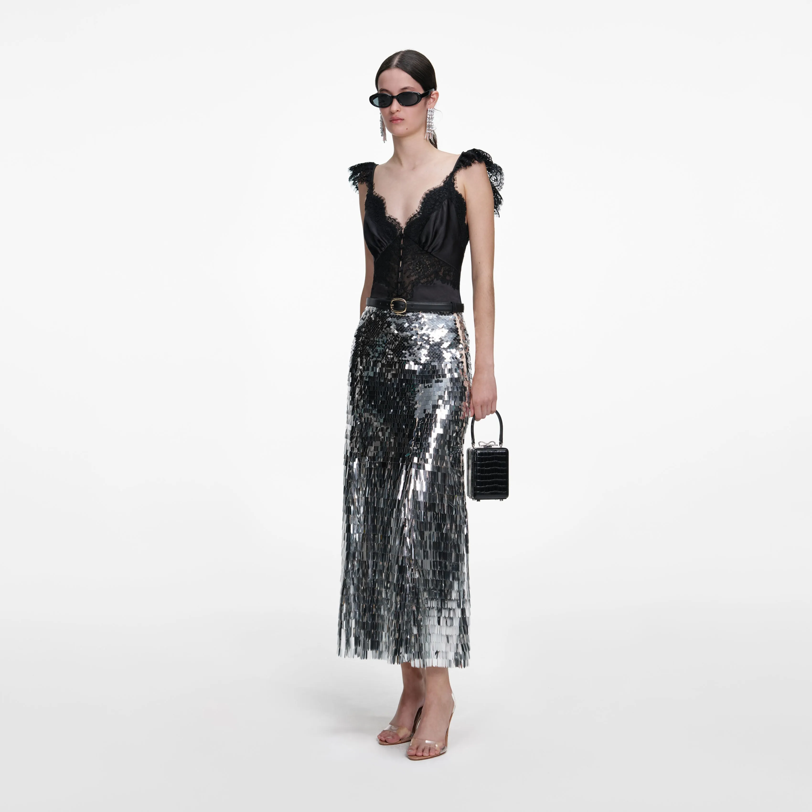 Silver Gradient Sequin Midi Skirt sold by Self-Portrait product image thumbnail 2
