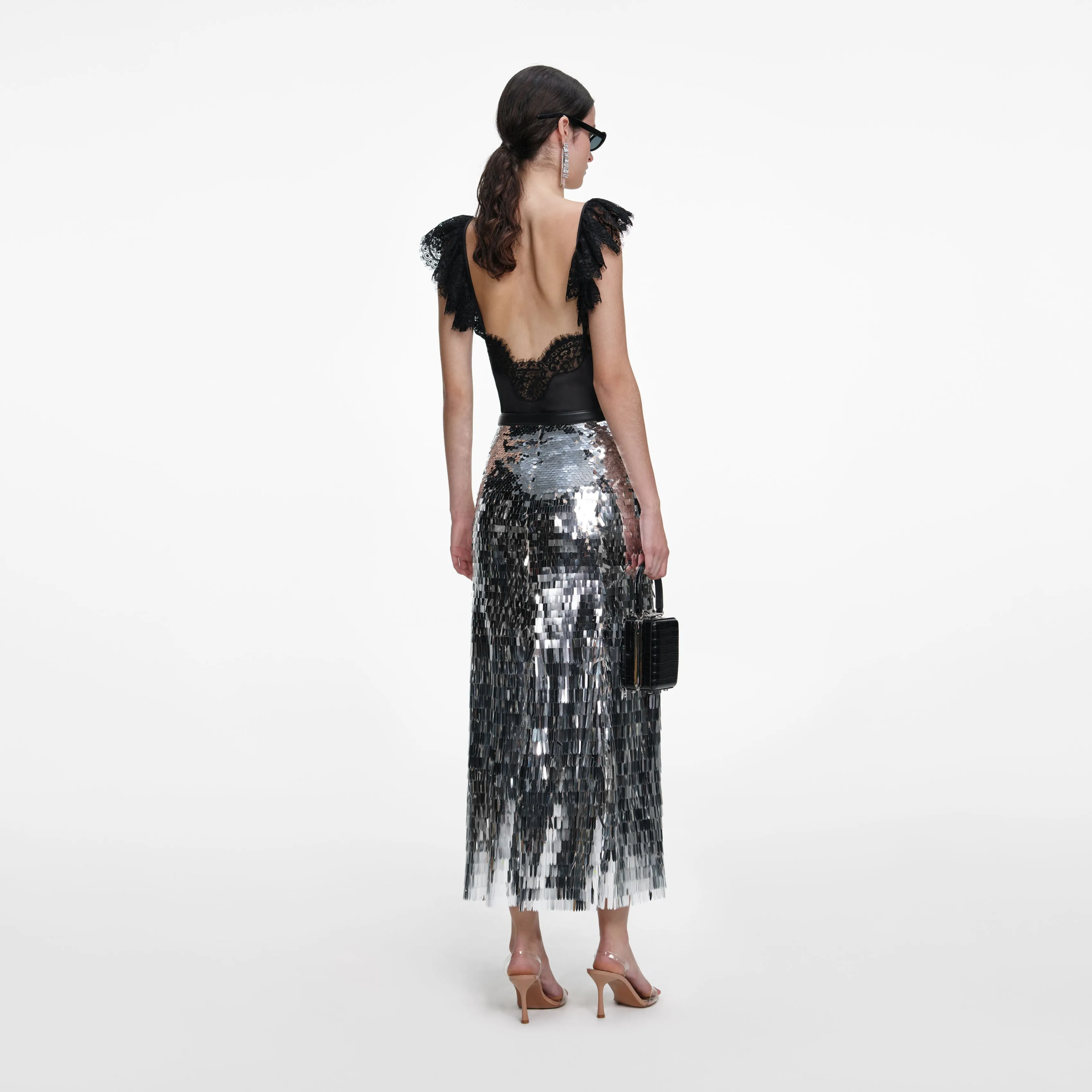 Silver Gradient Sequin Midi Skirt sold by Self-Portrait product image thumbnail 3
