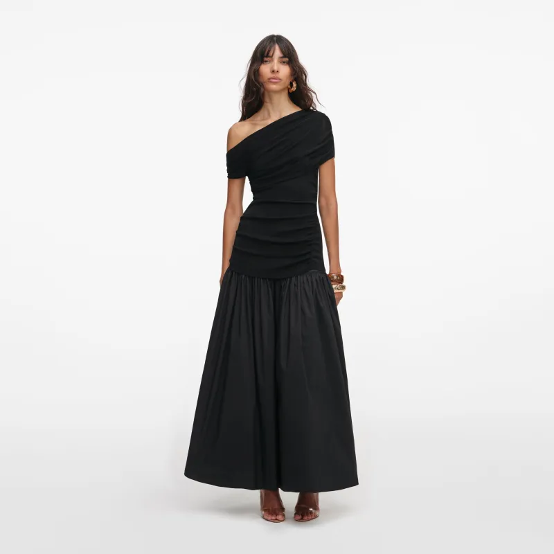 Black Cotton Draped Knit Midi Dress made by Self-Portrait
