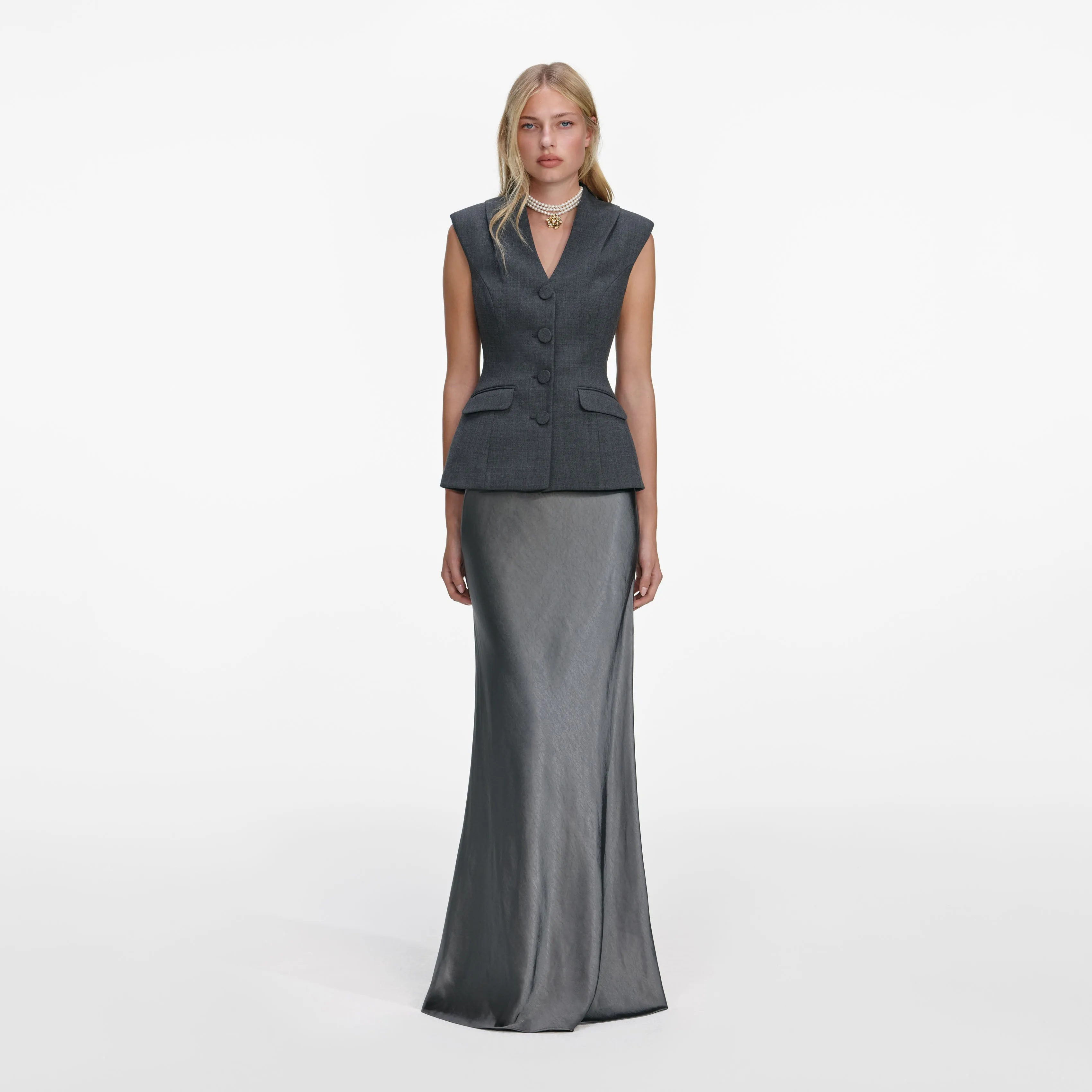 Grey Tailored Satin Maxi Dress sold by Self-Portrait