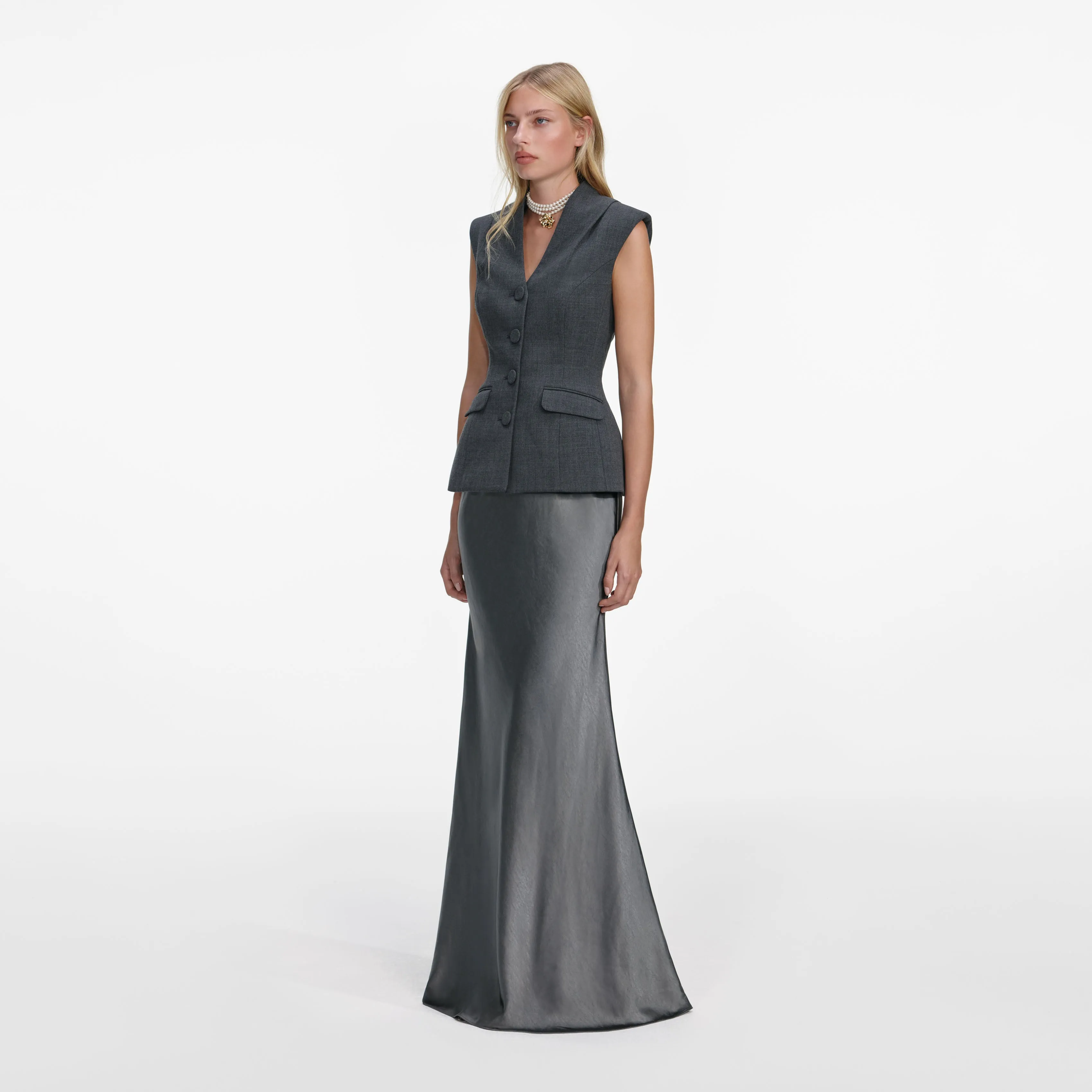 Grey Tailored Satin Maxi Dress sold by Self-Portrait product image thumbnail 2