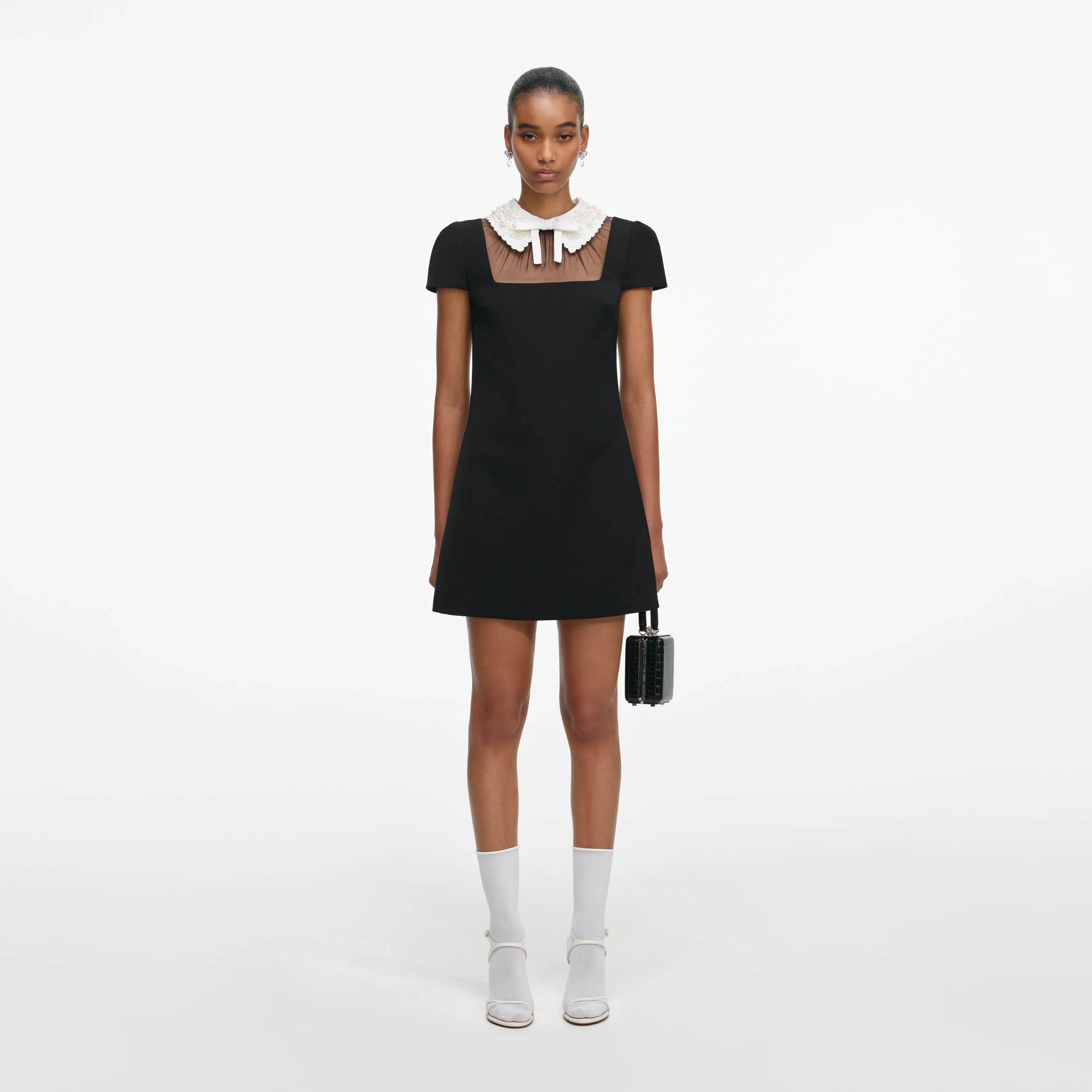 Black Crepe Bow Collar Mini Dress sold by Self-Portrait