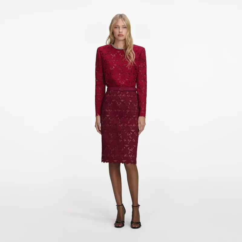 Burgundy Guipure Lace Midi Skirt made by Self-Portrait