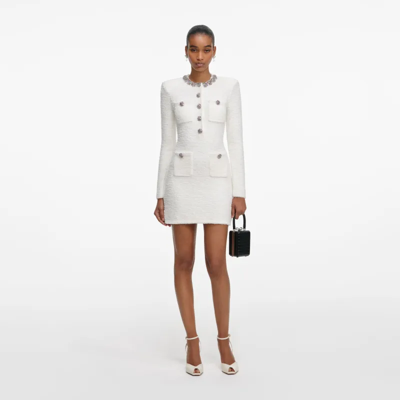 Cream Crystal Trim Knit Mini Dress made by Self-Portrait
