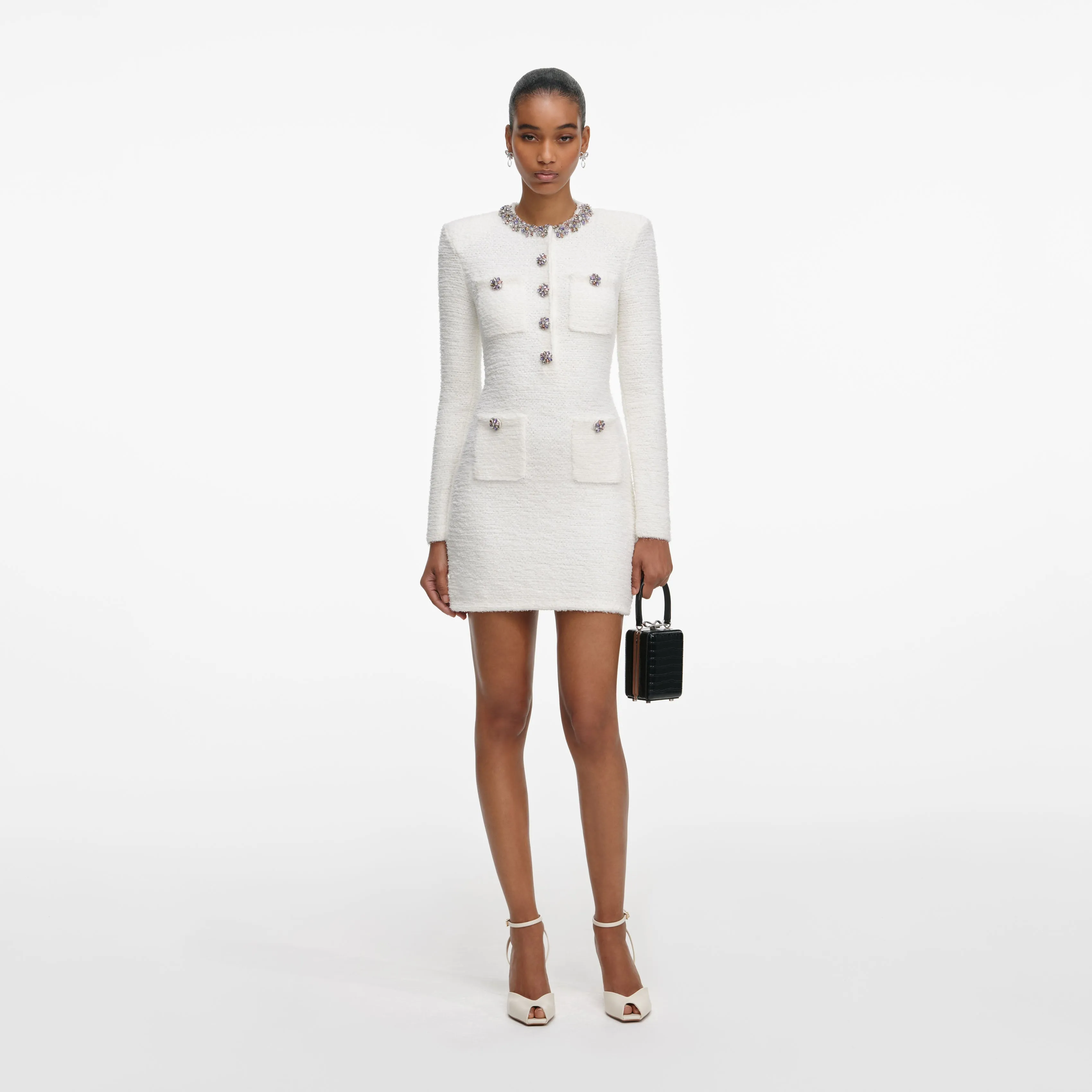 Cream Crystal Trim Knit Mini Dress sold by Self-Portrait