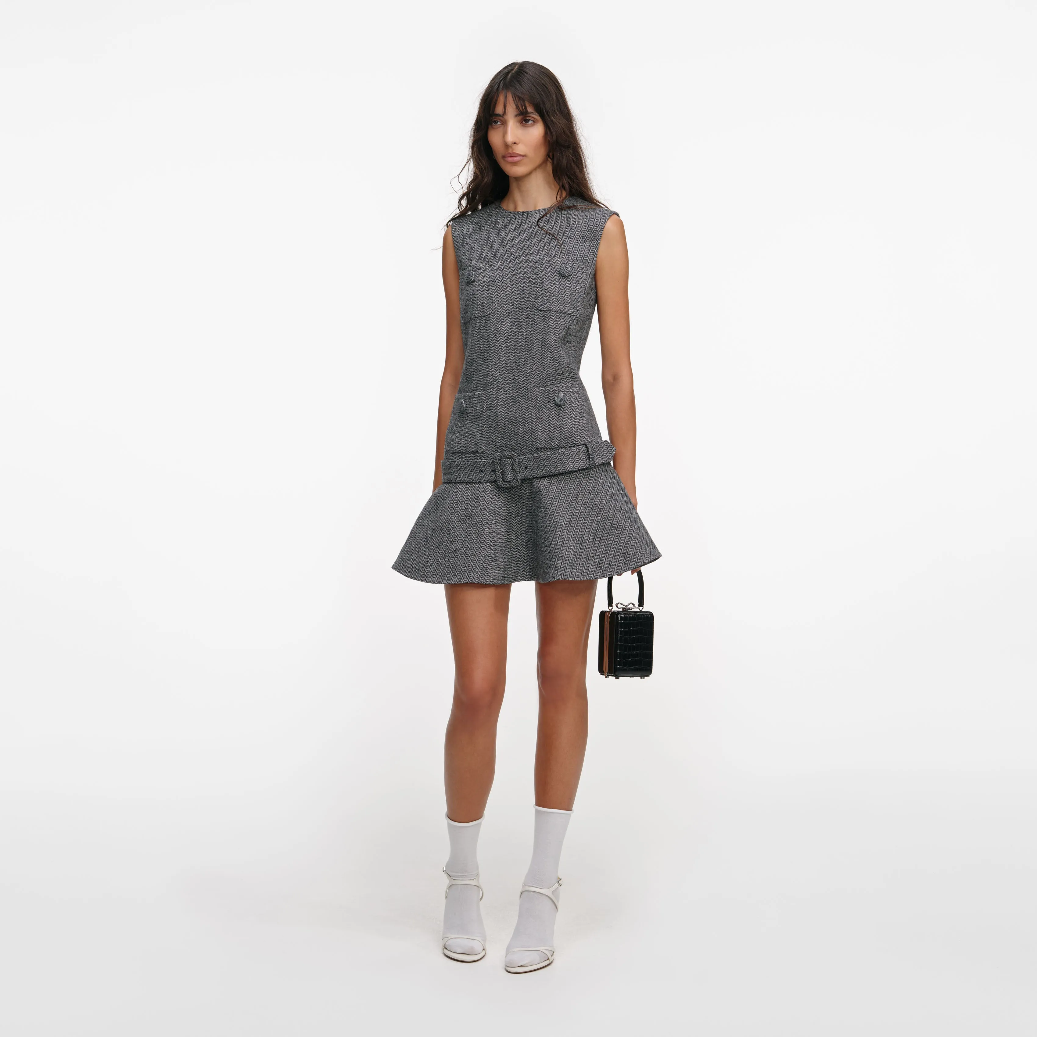 Grey Herringbone Flared Mini Dress sold by Self-Portrait product image thumbnail 2