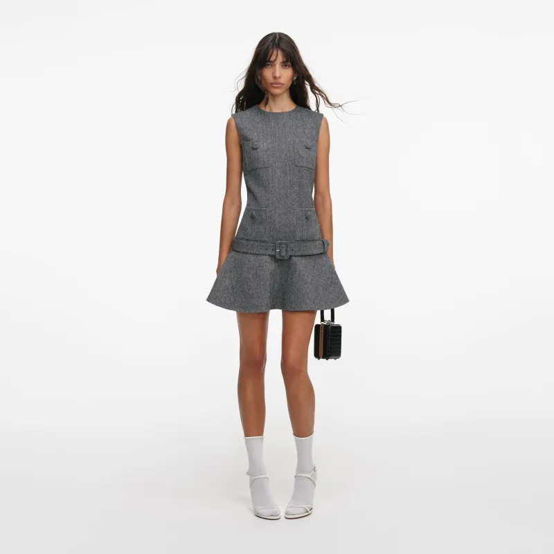 Grey Herringbone Flared Mini Dress made by Self-Portrait