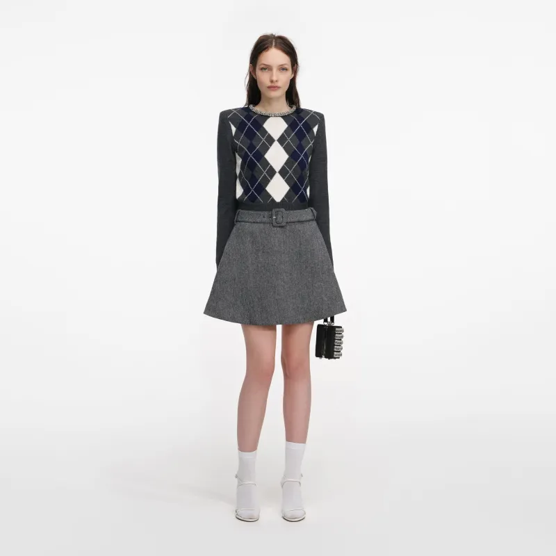 Grey Argyle Crystal Trim Jumper made by Self-Portrait