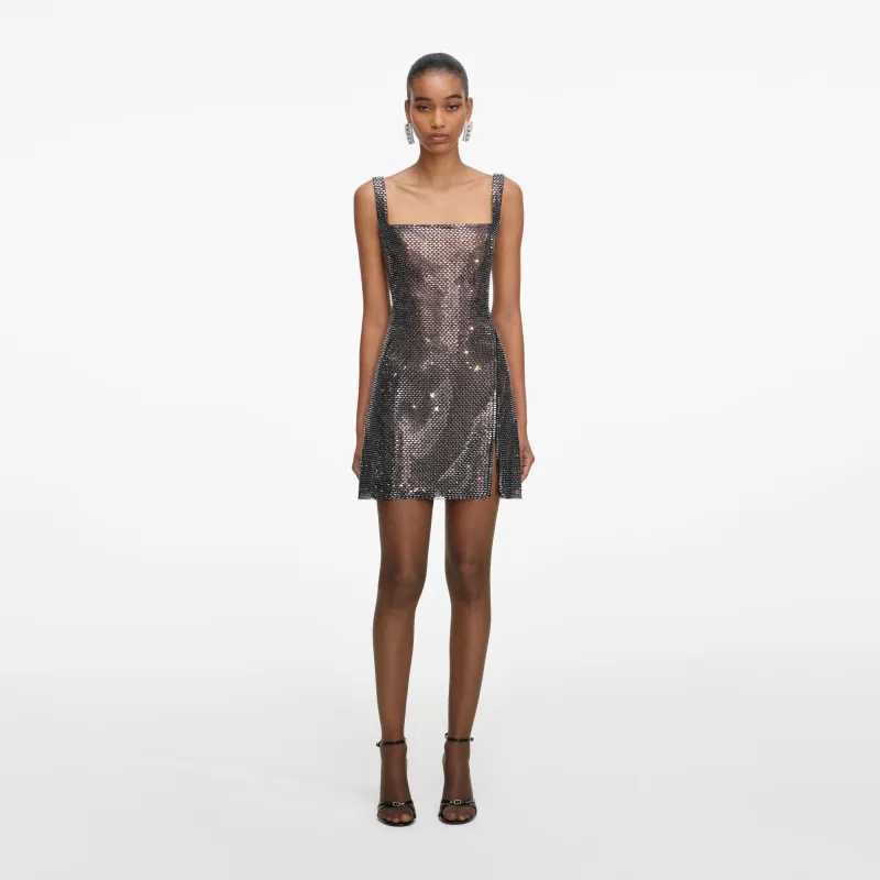 Gunmetal Rhinestone Mesh Mini Dress made by Self-Portrait