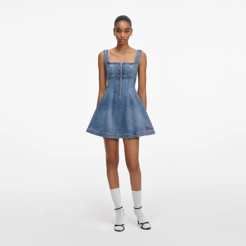 Denim Flared Logo Mini Dress made by Self-Portrait