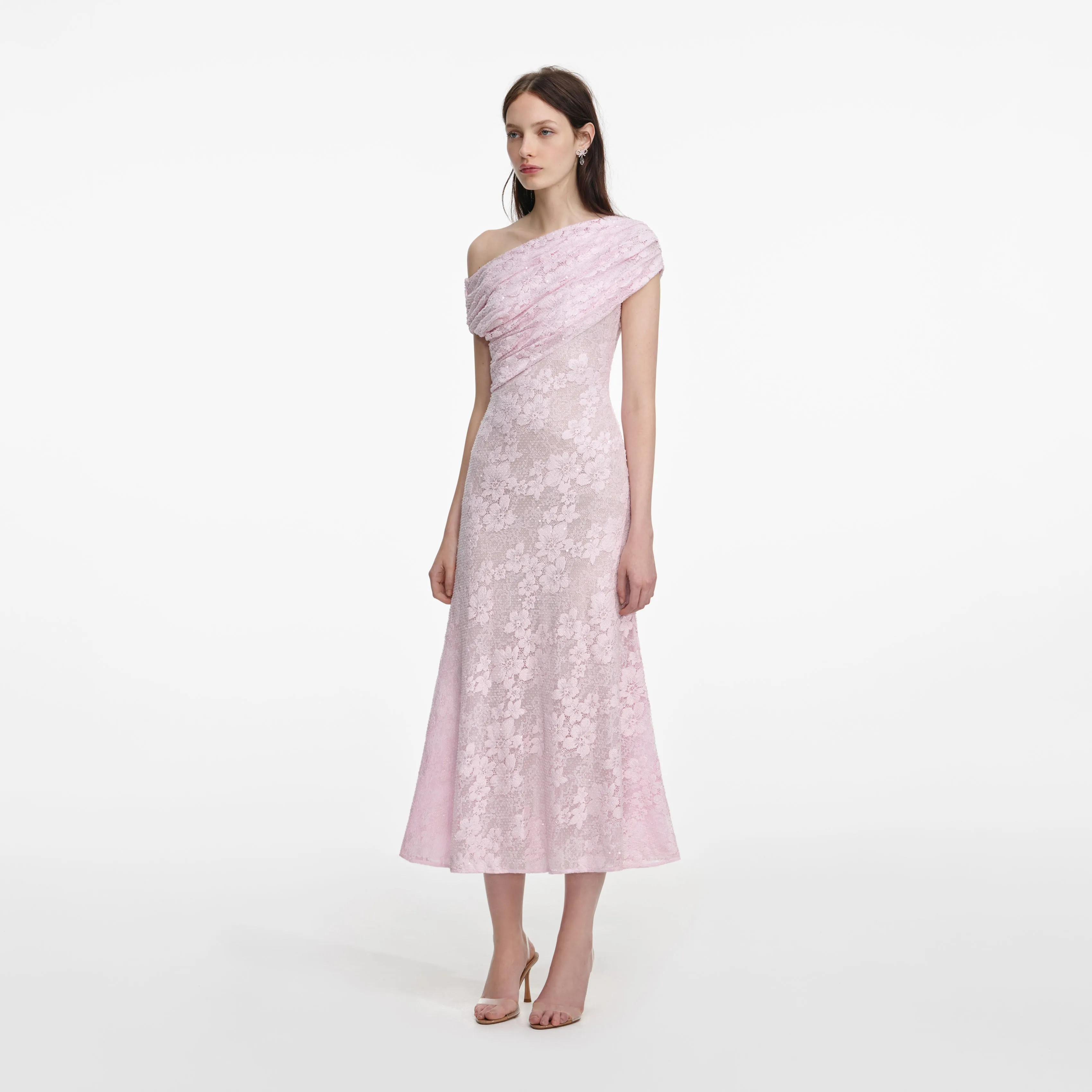 Pink Rhinestone Lace Asymmetric Midi Dress sold by Self-Portrait product image thumbnail 2