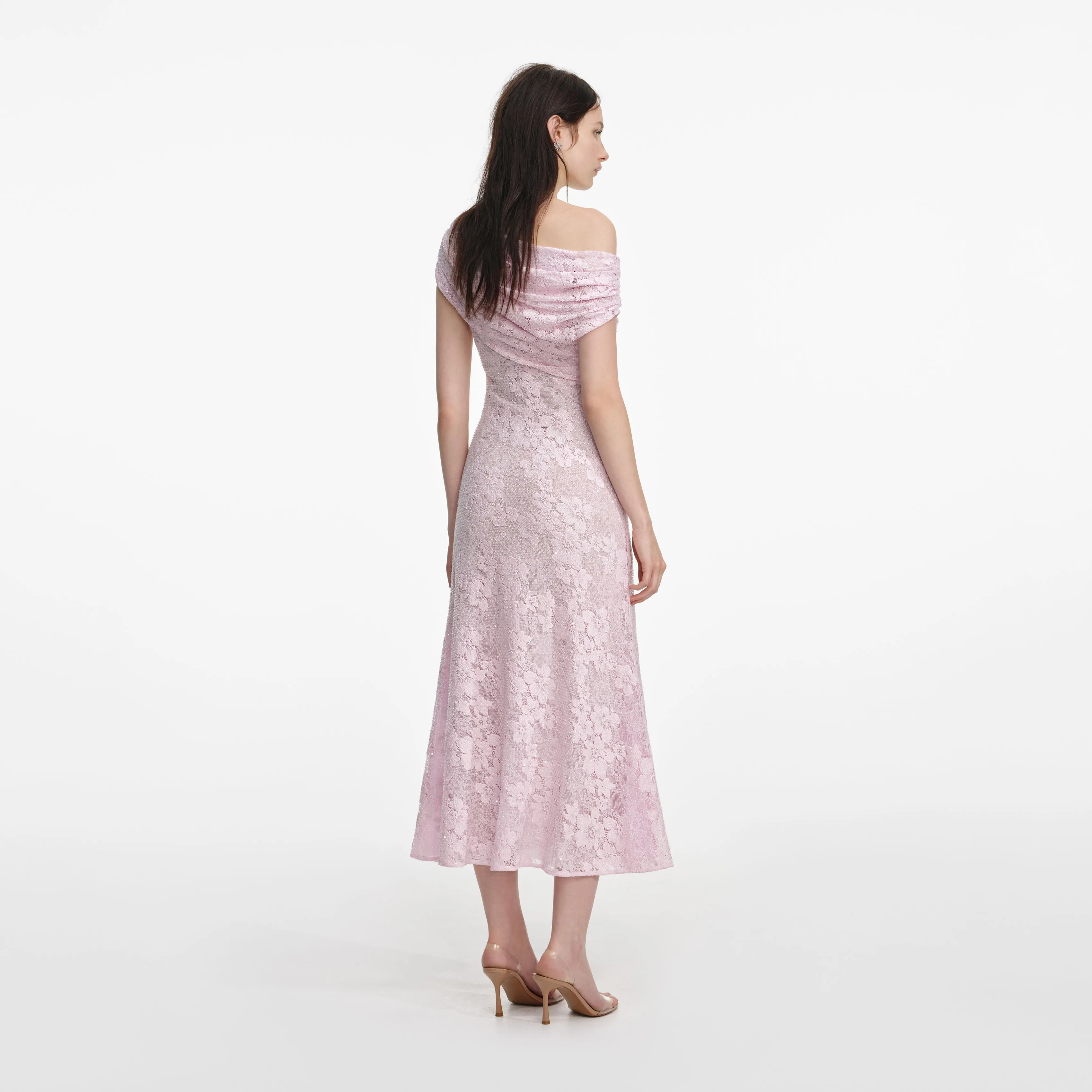 Pink Rhinestone Lace Asymmetric Midi Dress sold by Self-Portrait product image thumbnail 3