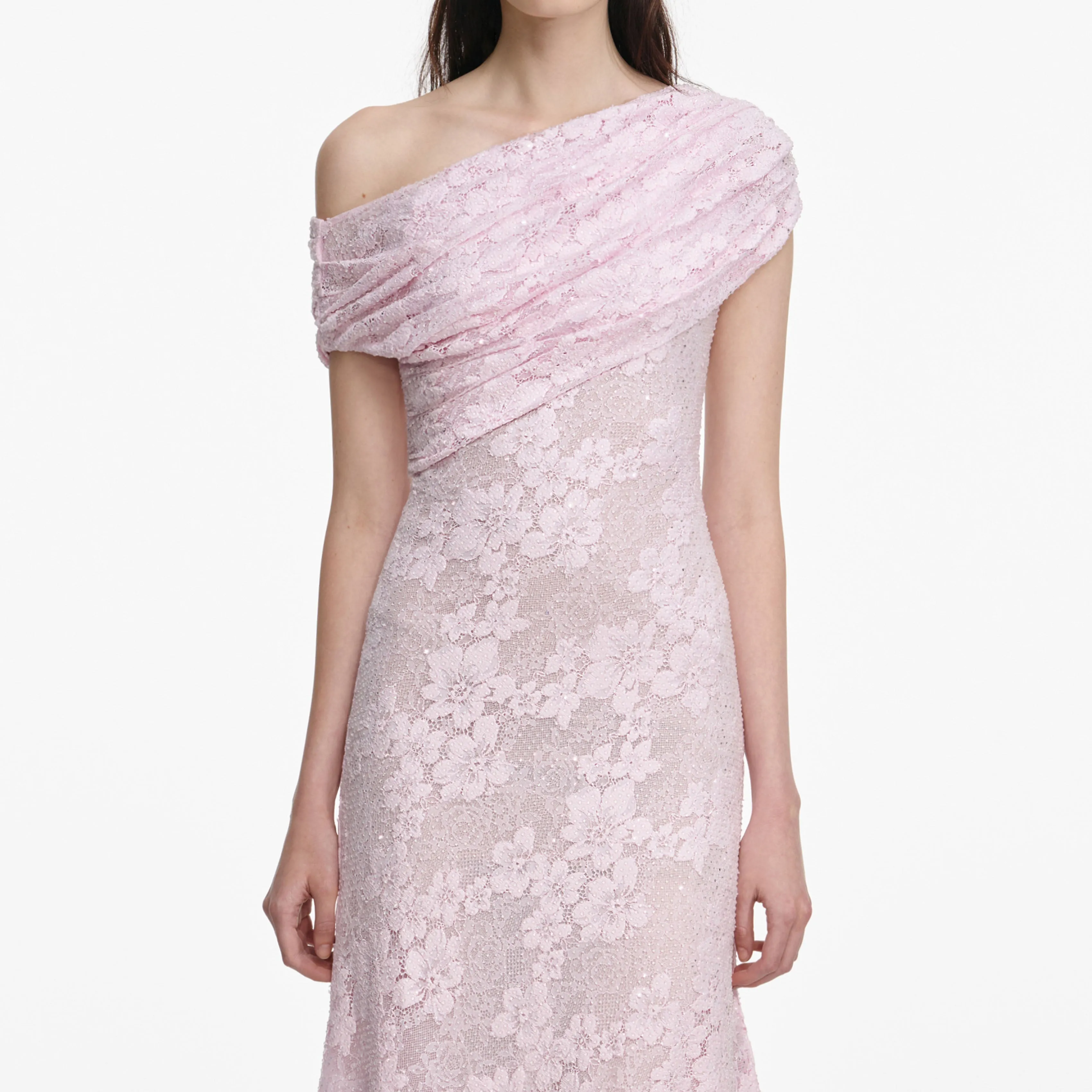 Pink Rhinestone Lace Asymmetric Midi Dress sold by Self-Portrait product image thumbnail 4