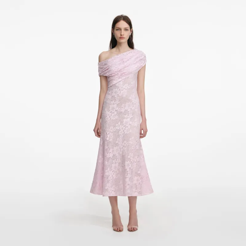 Pink Rhinestone Lace Asymmetric Midi Dress made by Self-Portrait