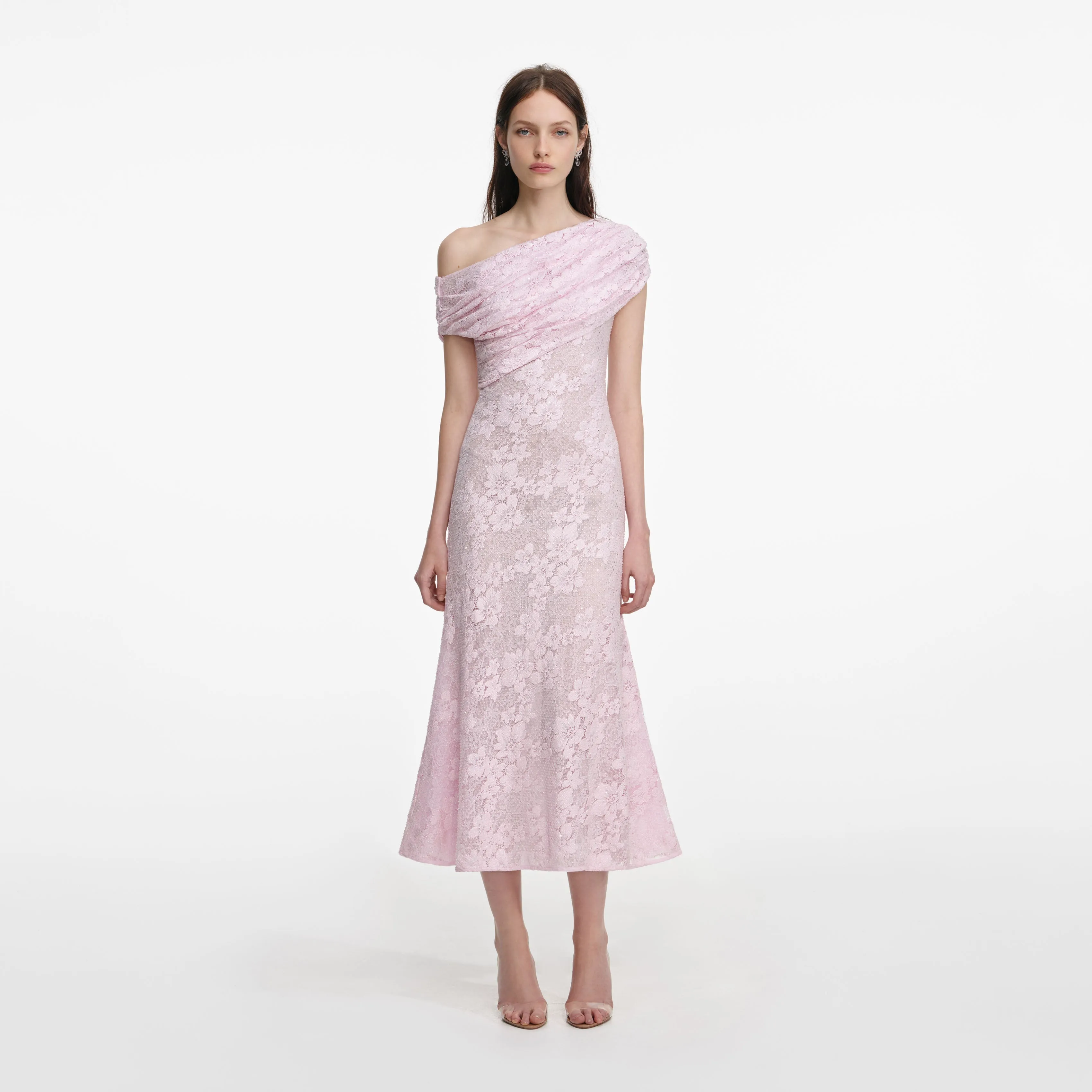 Pink Rhinestone Lace Asymmetric Midi Dress sold by Self-Portrait