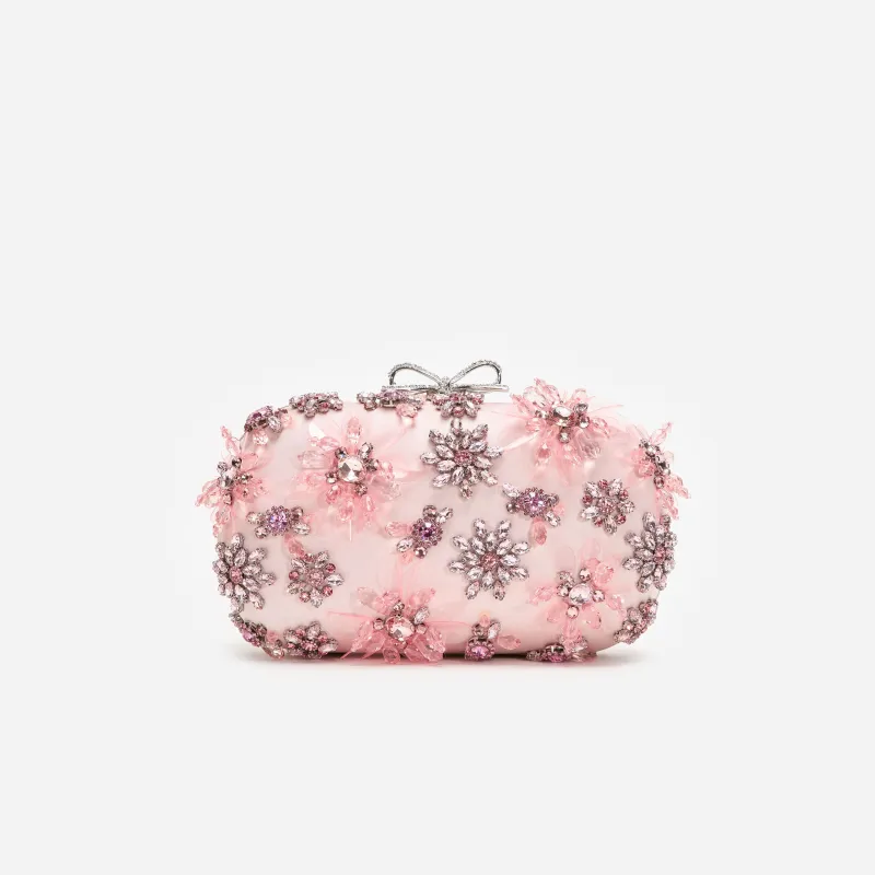 Pink Satin Floral Crystal Clutch made by Self-Portrait