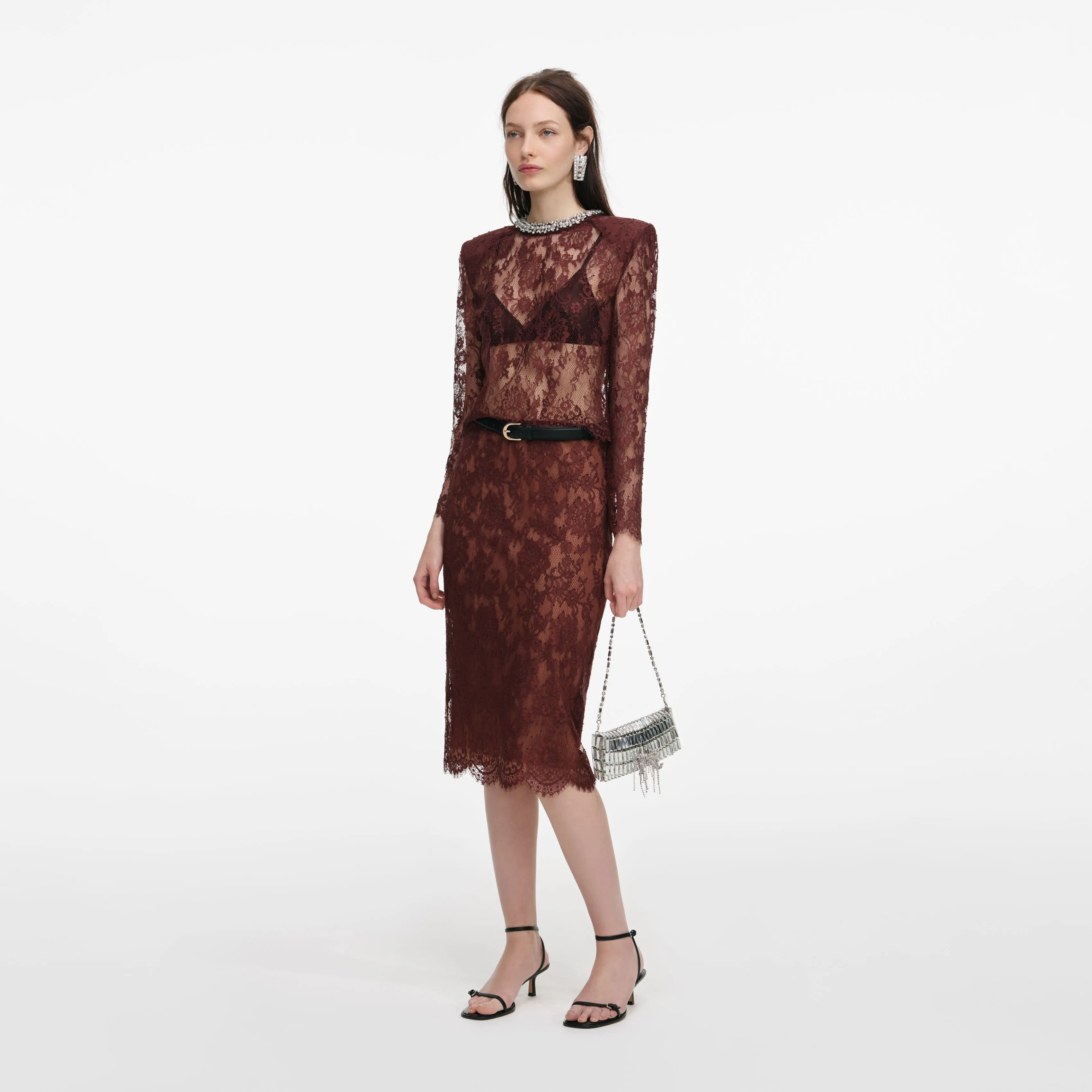 Brown Floral Lace Midi Skirt sold by Self-Portrait product image thumbnail 2