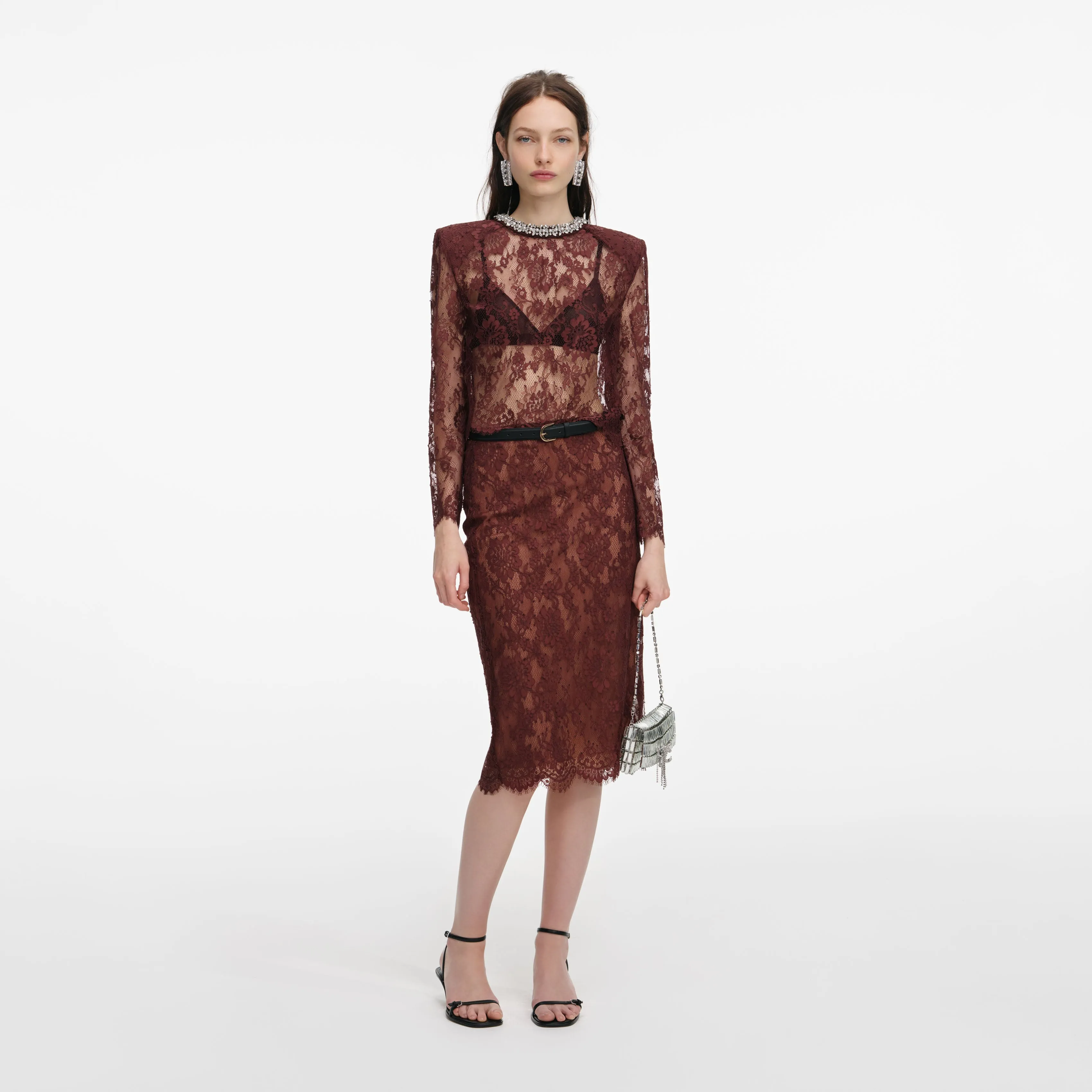 Brown Floral Lace Midi Skirt sold by Self-Portrait