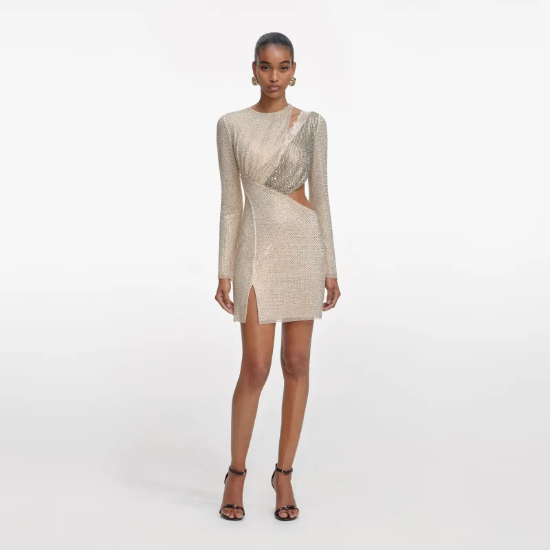 Champagne Rhinestone Lace Trim Mini Dress made by Self-Portrait