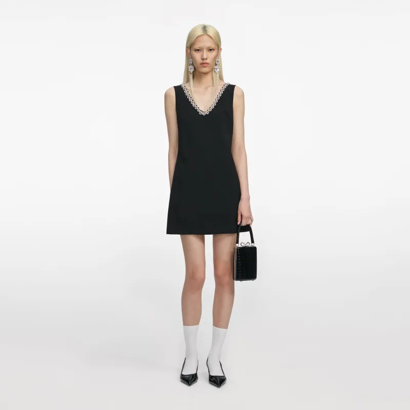 Black Crepe Crystal Trim Mini Dress made by Self-Portrait