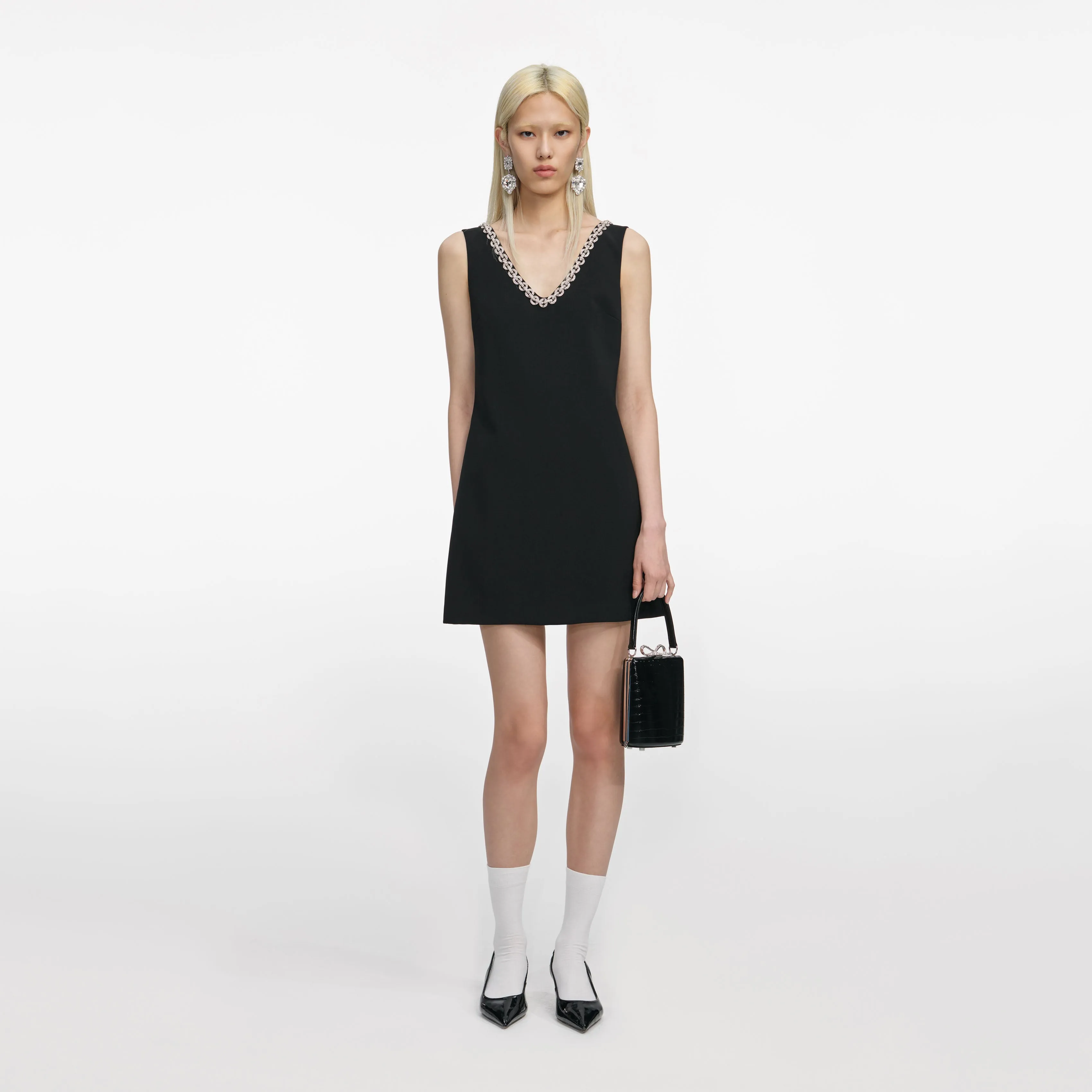 Black Crepe Crystal Trim Mini Dress sold by Self-Portrait