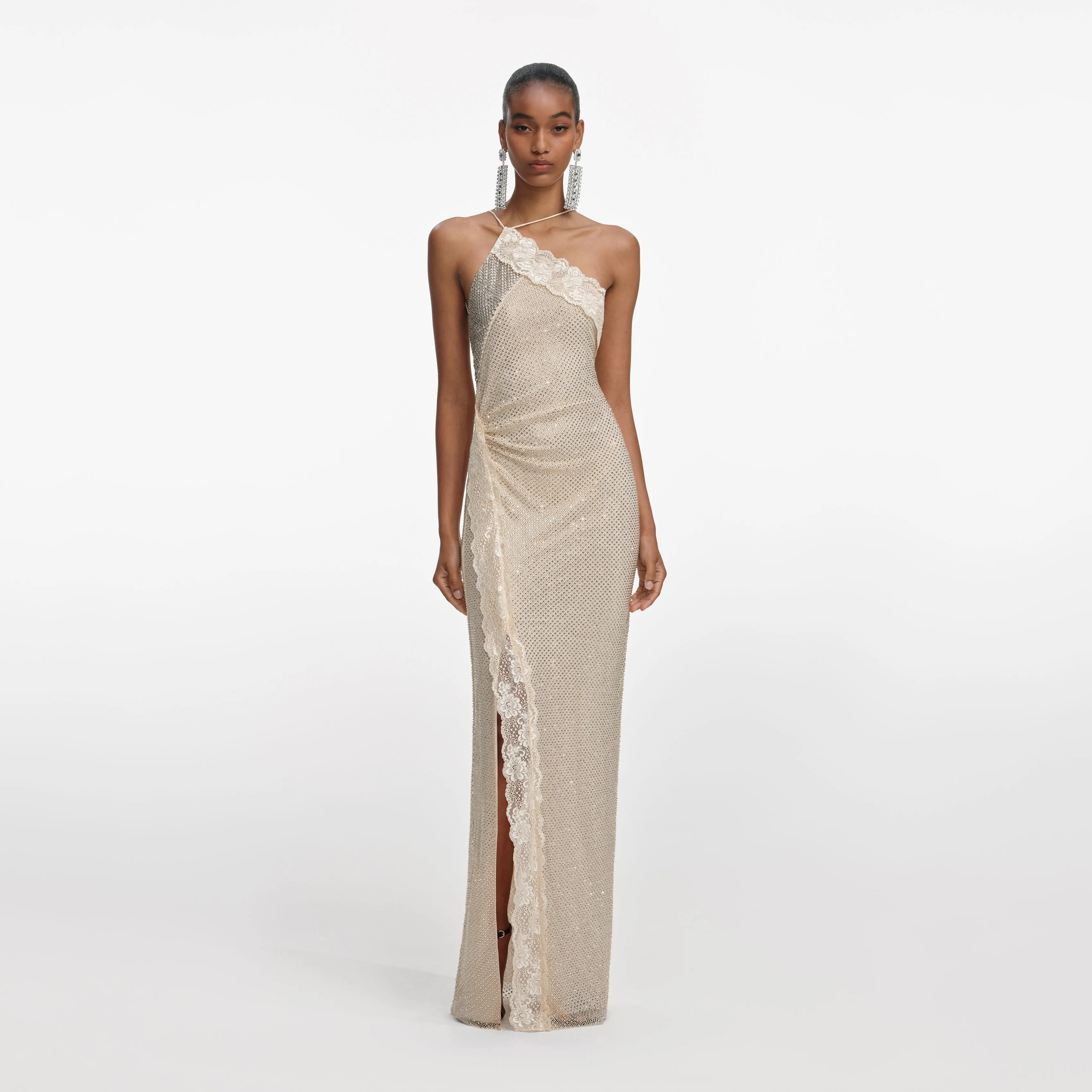 Champagne Rhinestone Lace Trim Maxi Dress sold by Self-Portrait