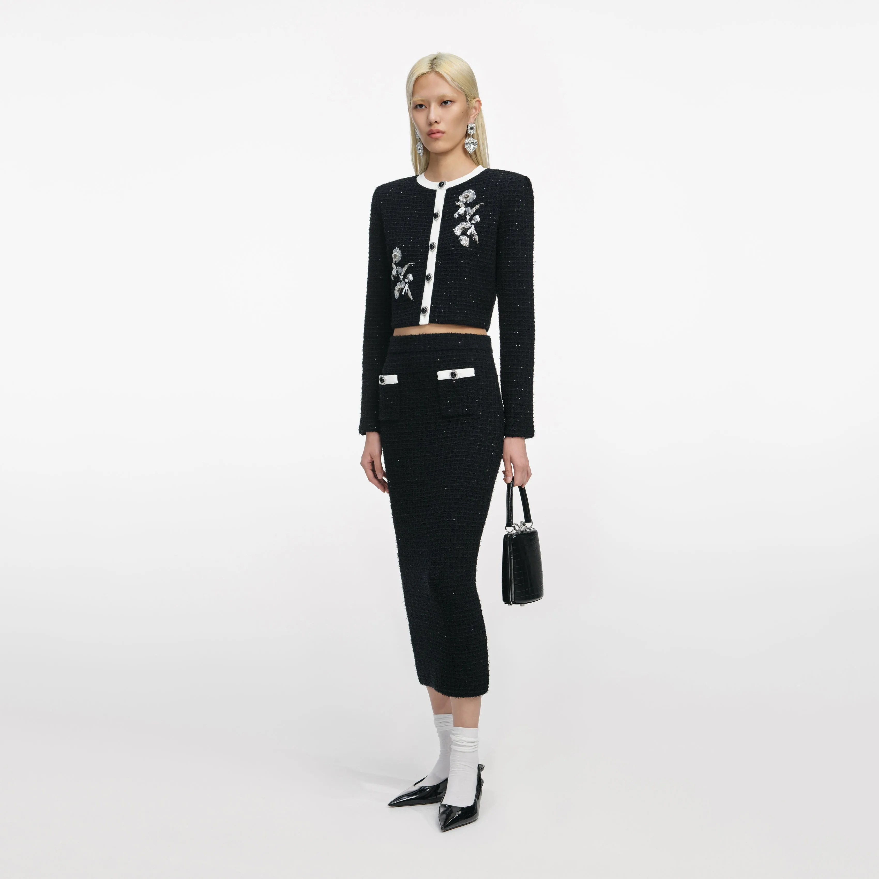 Black Textured Knit Midi Skirt sold by Self-Portrait product image thumbnail 2