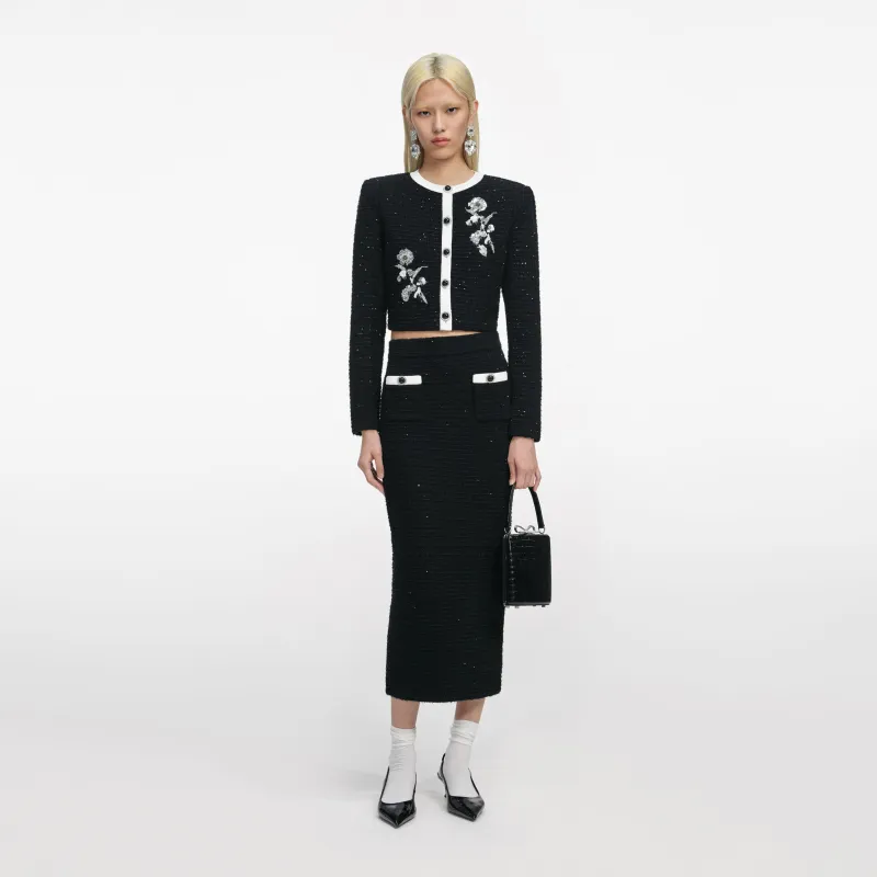Black Textured Knit Midi Skirt made by Self-Portrait