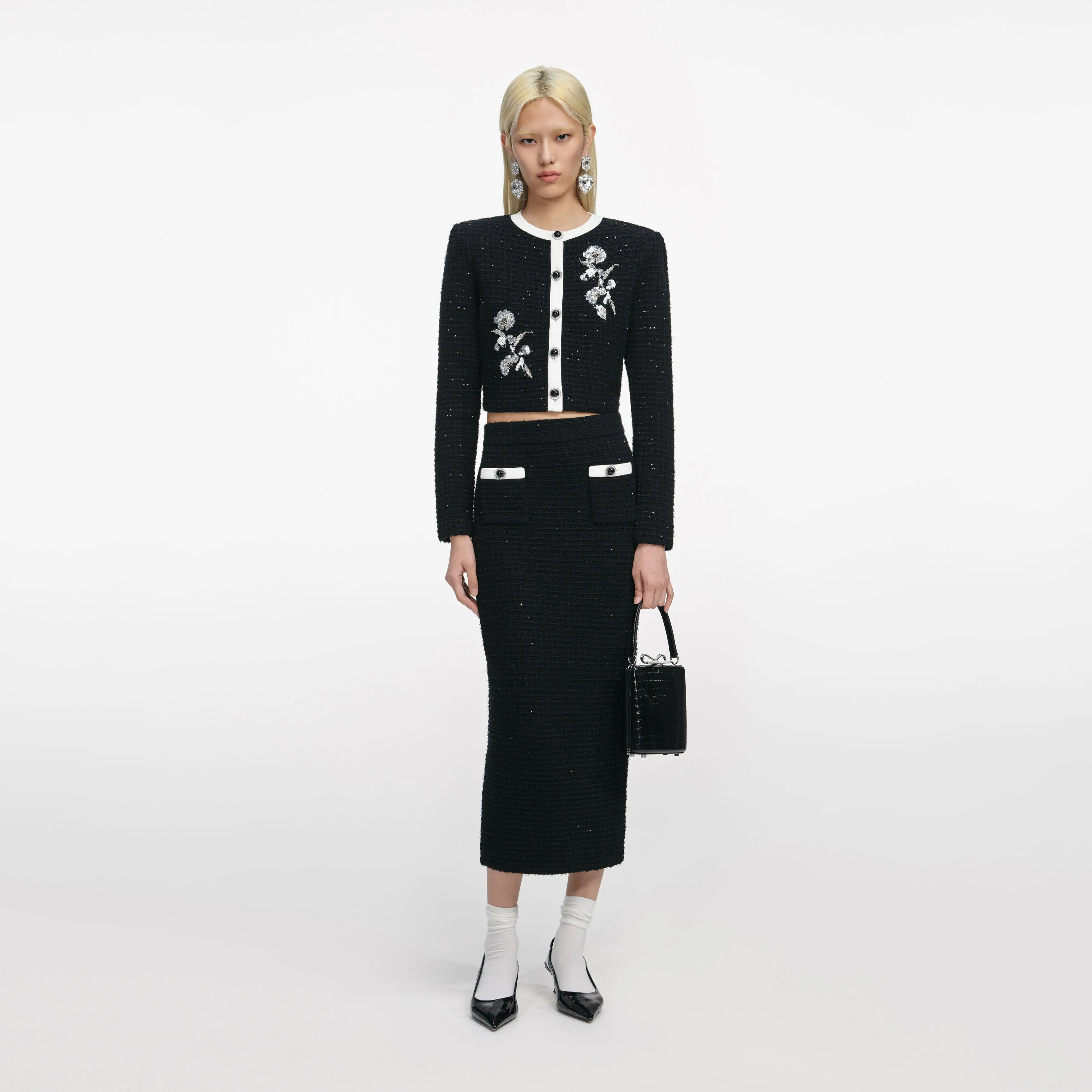 Black Textured Knit Midi Skirt sold by Self-Portrait