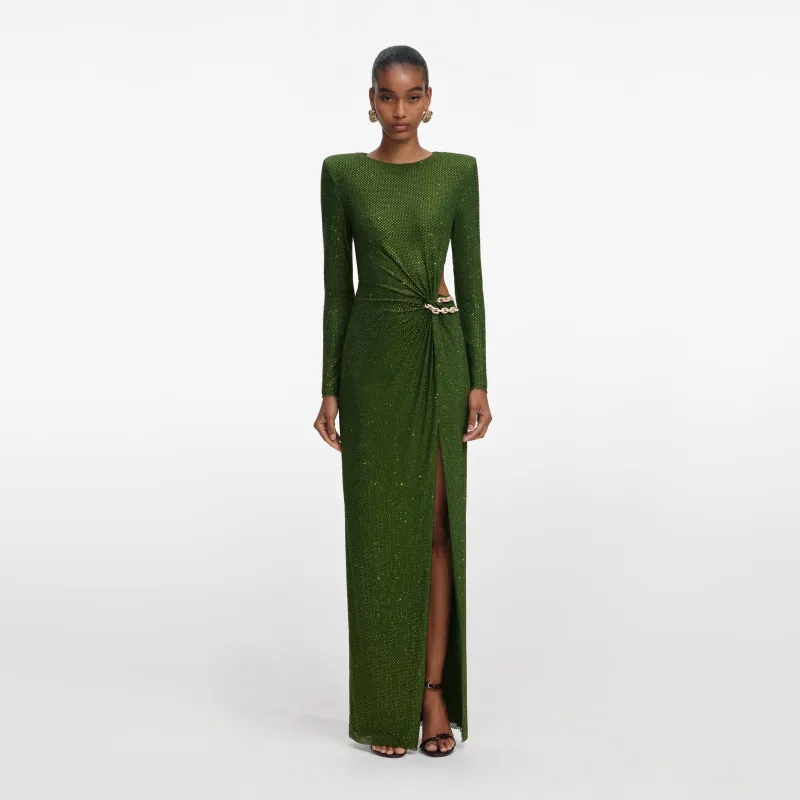 Olive Rhinestone Embellished Maxi Dress made by Self-Portrait