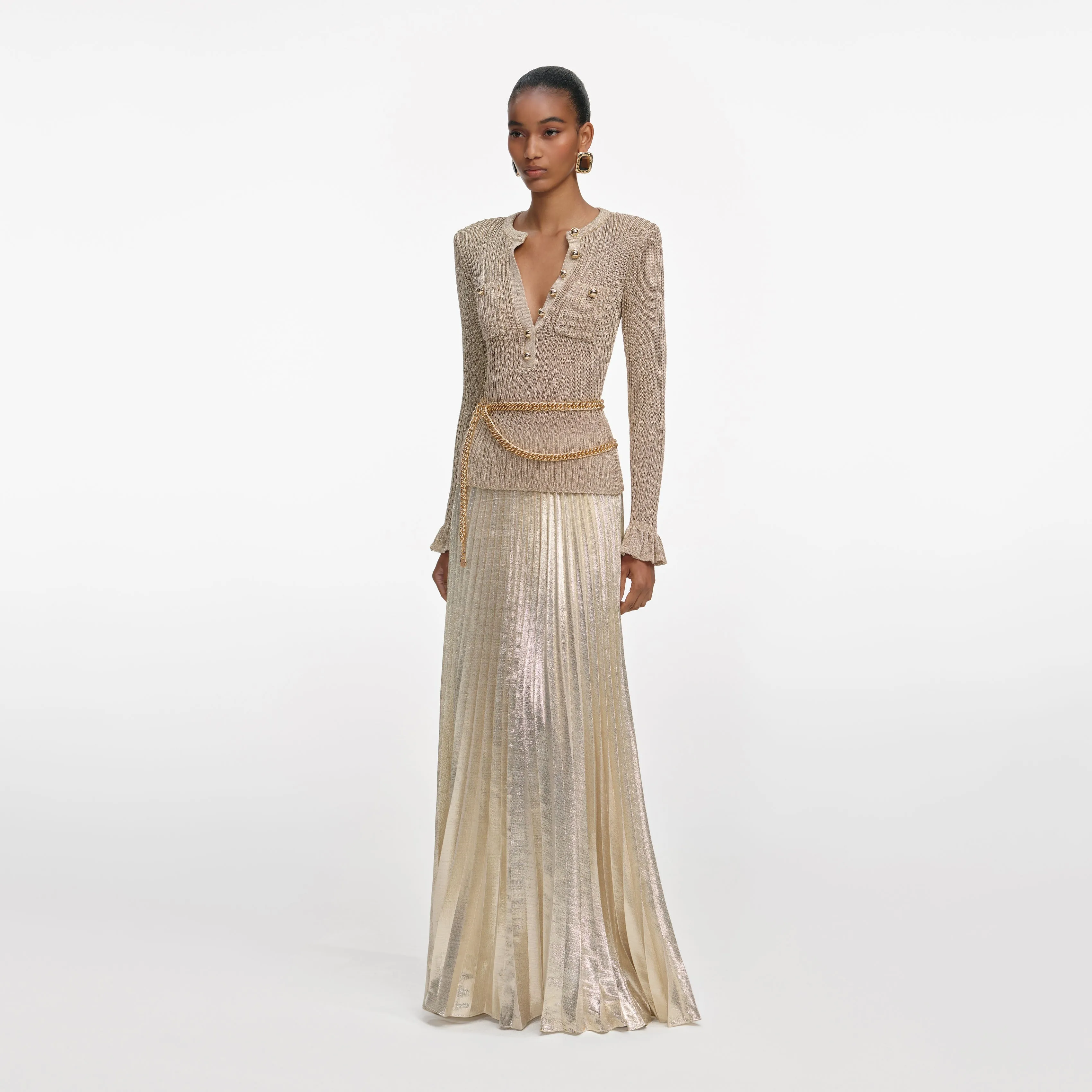 Gold Lurex Ribbed Knit Maxi Dress sold by Self-Portrait product image thumbnail 2