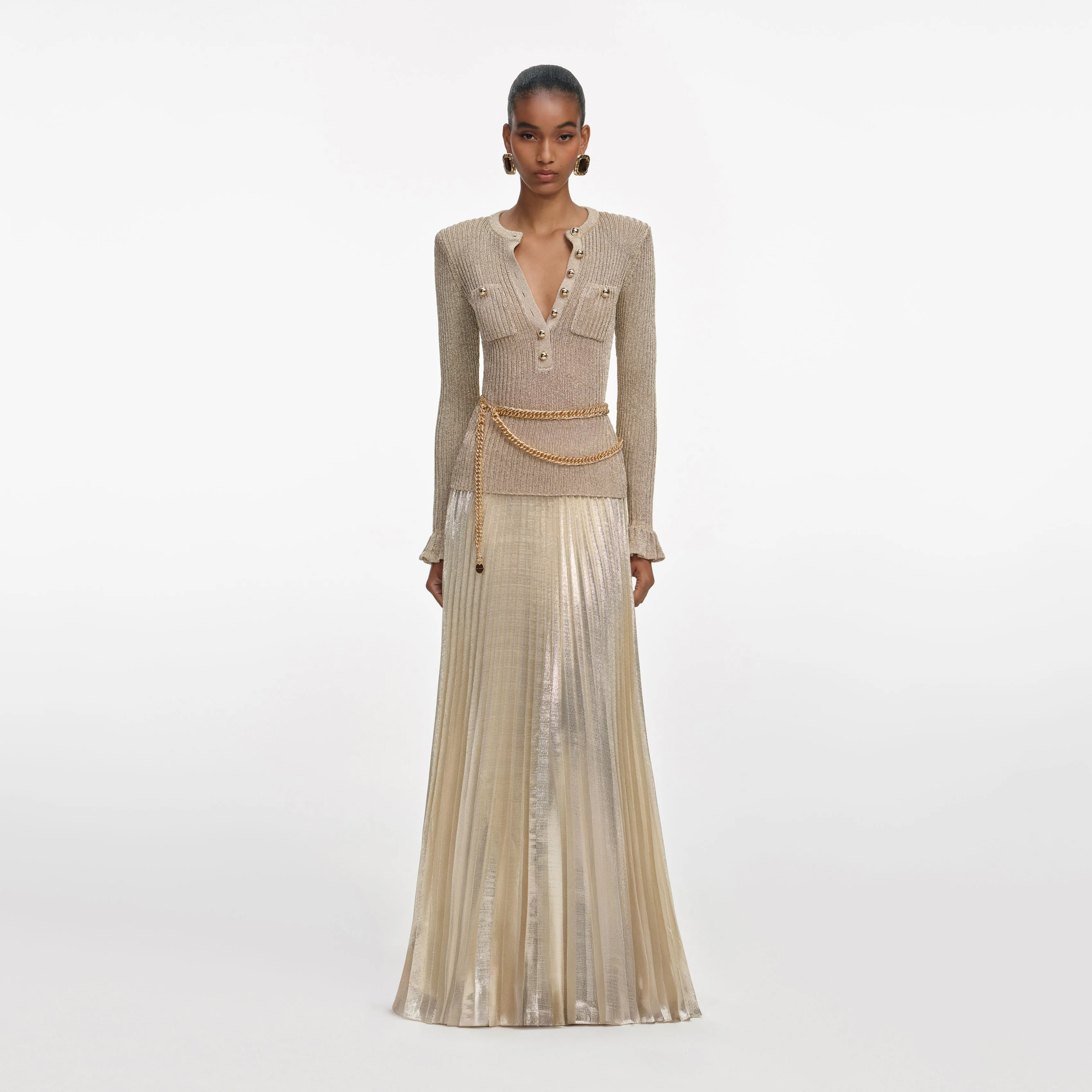Gold Lurex Ribbed Knit Maxi Dress sold by Self-Portrait