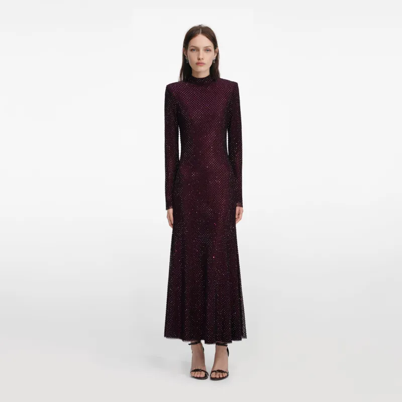 Burgundy Rhinestone Fishnet Midi Dress made by Self-Portrait
