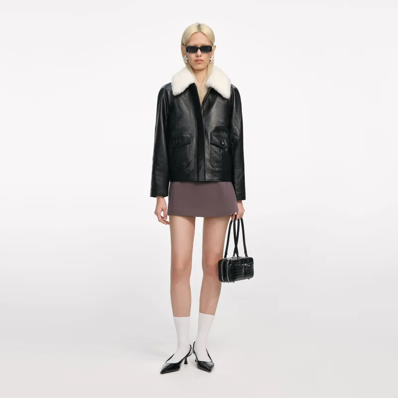Black Leather Fur Collar Jacket made by Self-Portrait