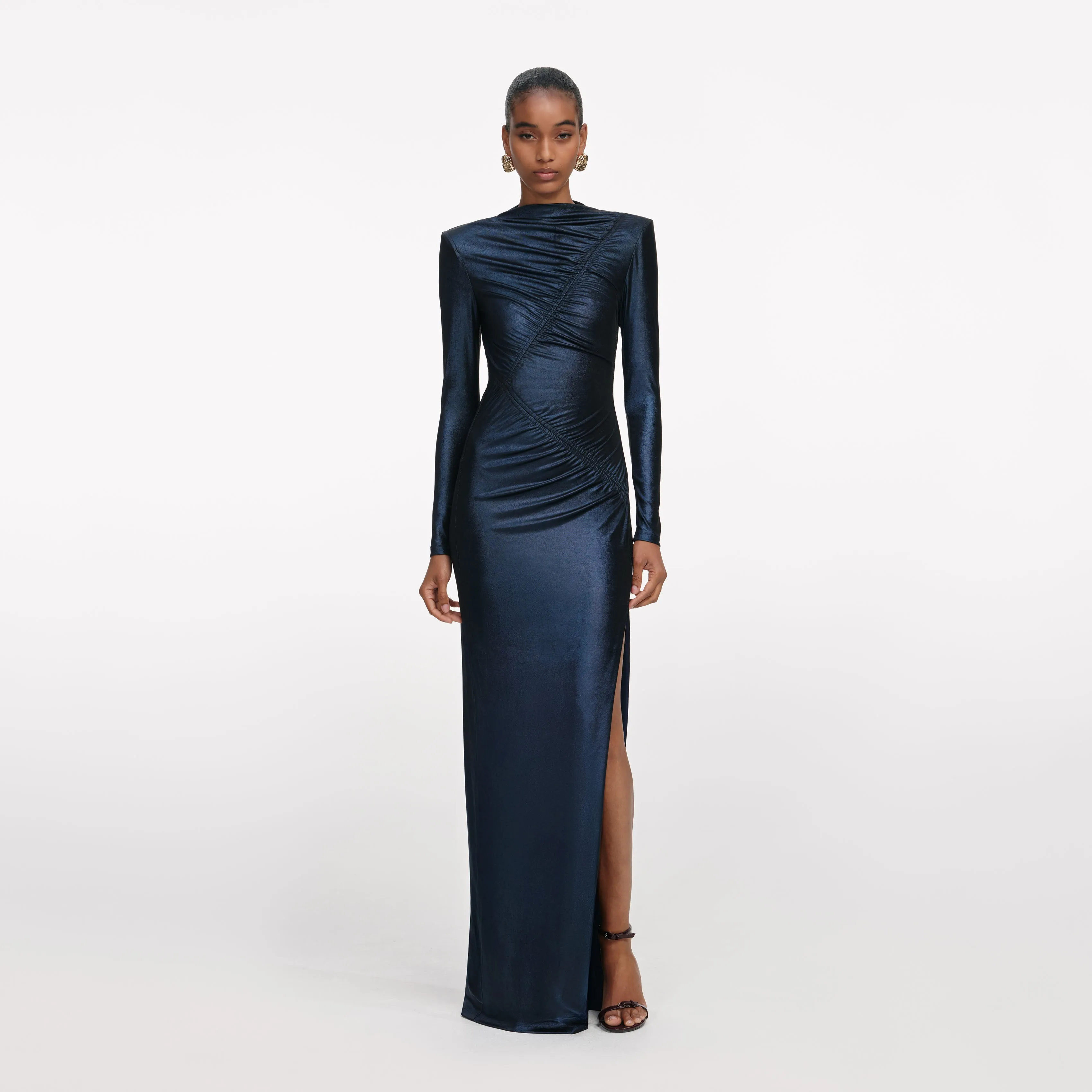 Navy Metallic Gathered Maxi Dress sold by Self-Portrait