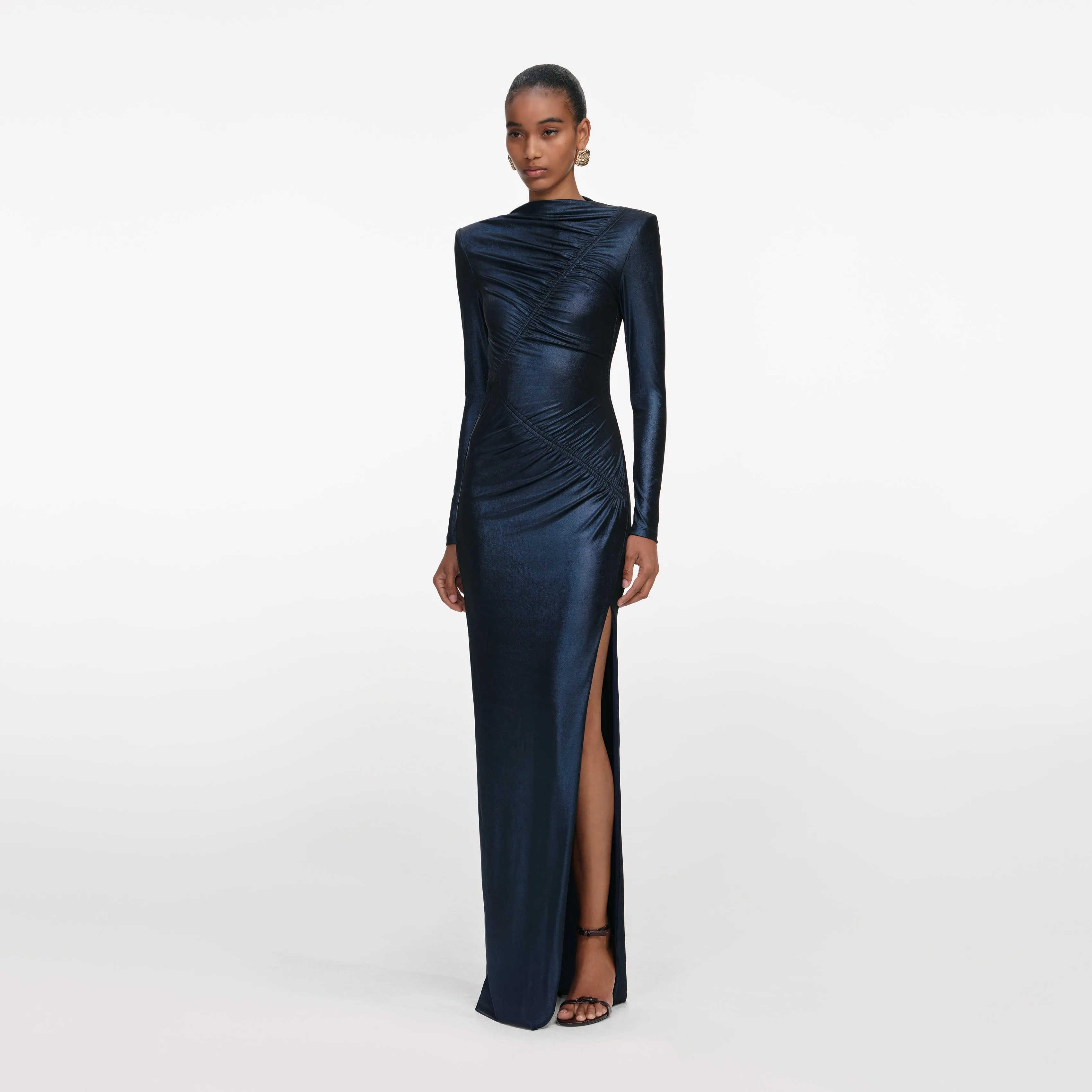 Navy Metallic Gathered Maxi Dress sold by Self-Portrait product image thumbnail 2